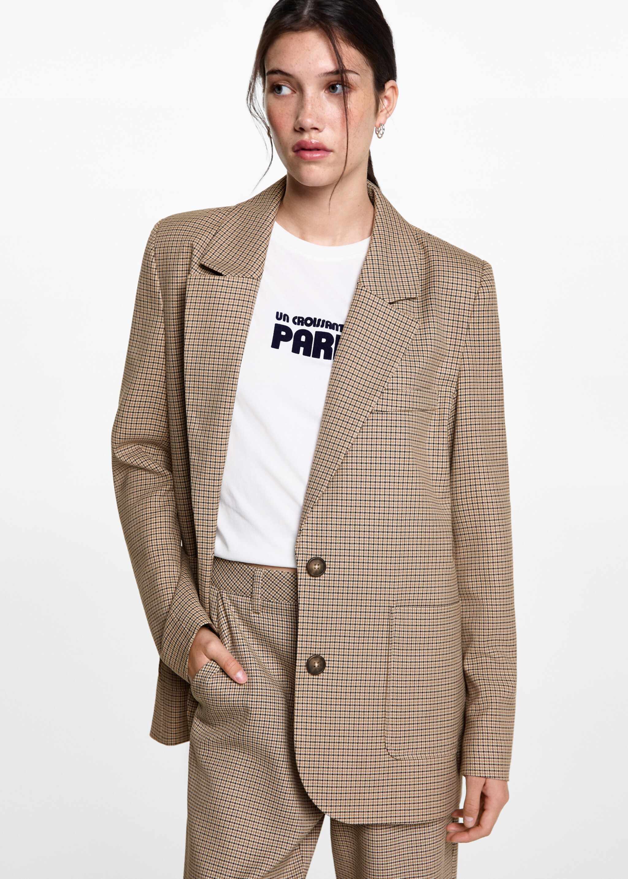Hahnentritt-Blazer aus Woll-Mix - Mittlere Ansicht, Beige. Ref: 77067669-00.