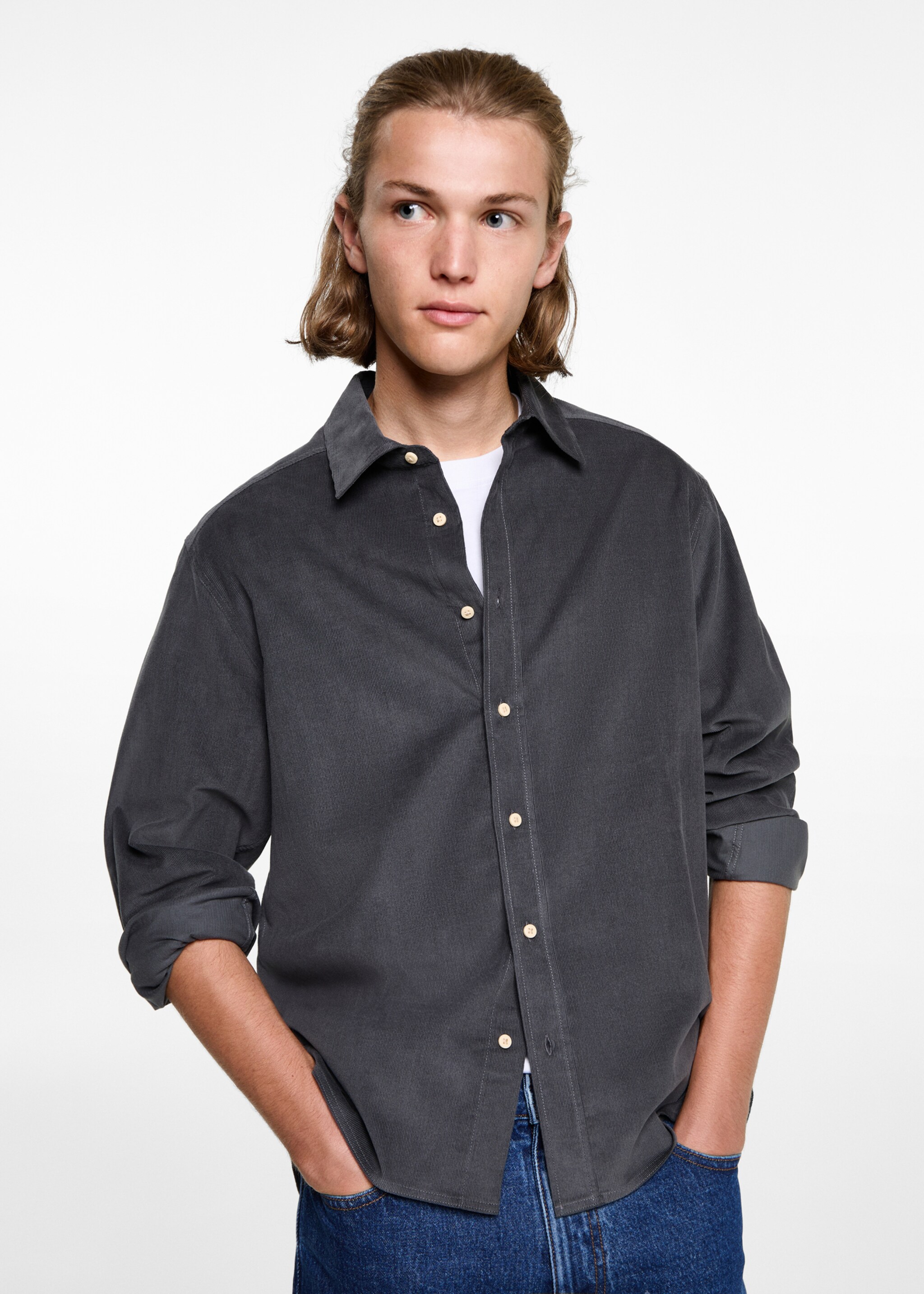 Corduroy regular fit overhemd - Middenvlak, Antraciet. Ref: 77067673-00.