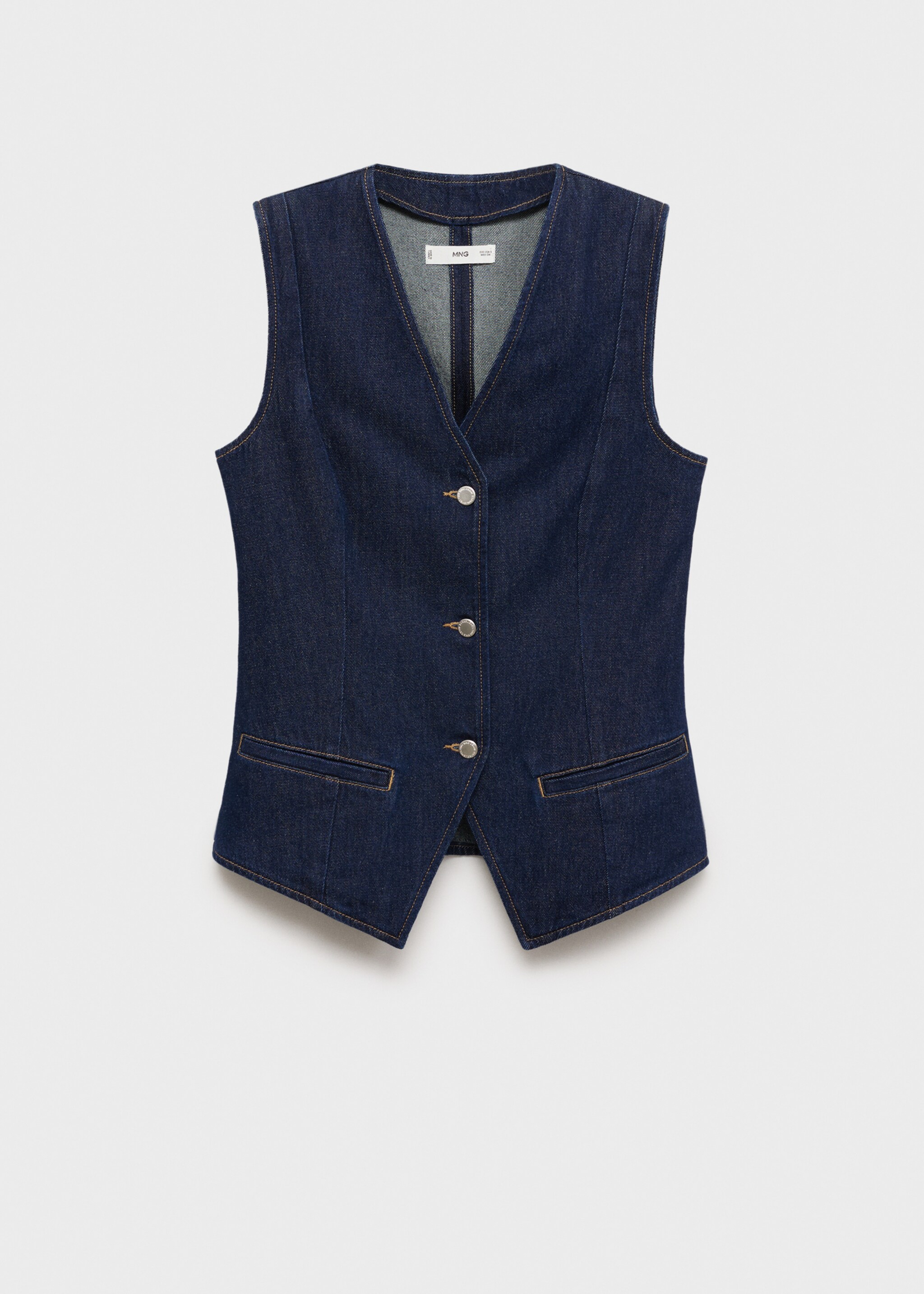 Rinse-wash denim waistcoat - Article without model, Open Blue. Ref: 77068285-00.