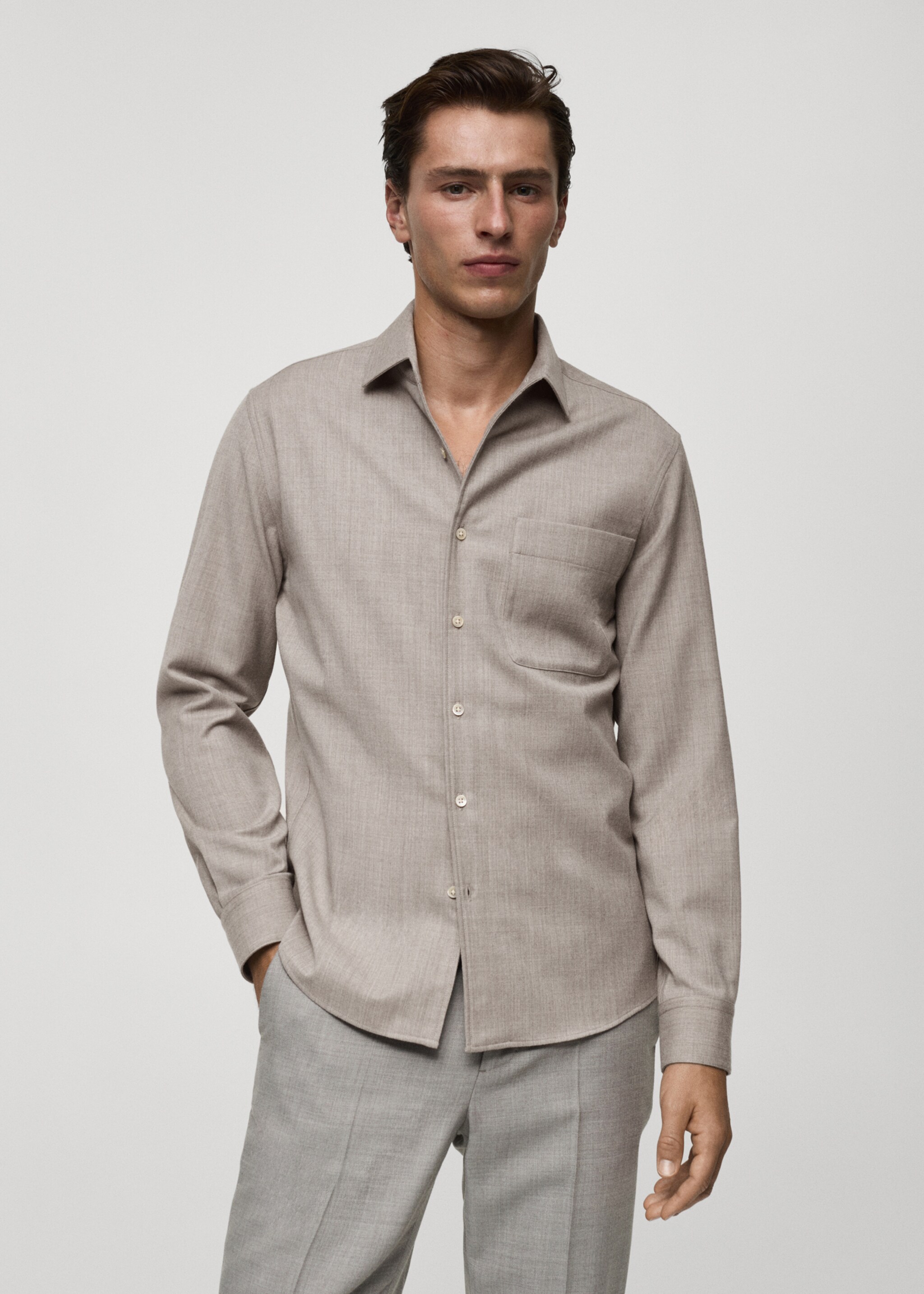 100% wool shirt with pocket - Medium plane, Beige. Ref: 77068633-00.