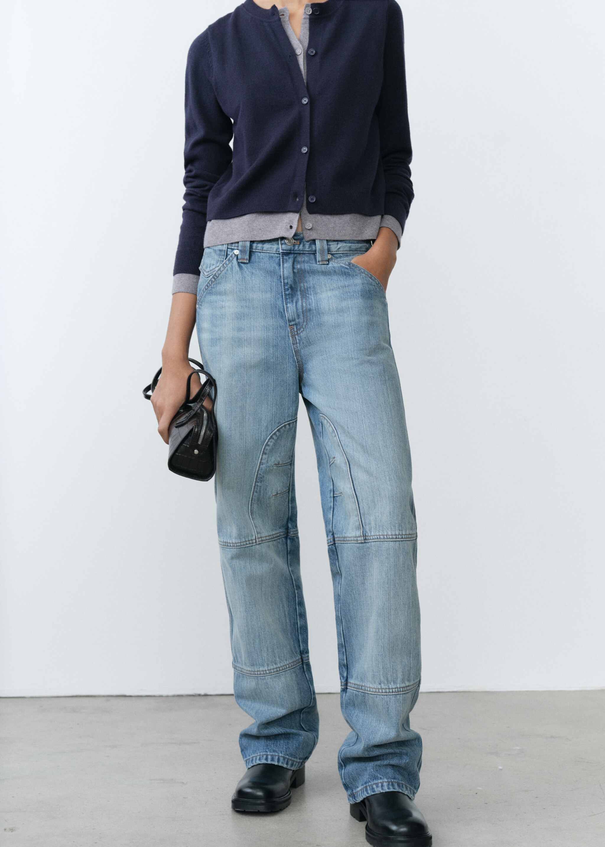 Wideleg jeans met sierstiksels - Middenvlak, Blauw. Ref: 77068635-00.