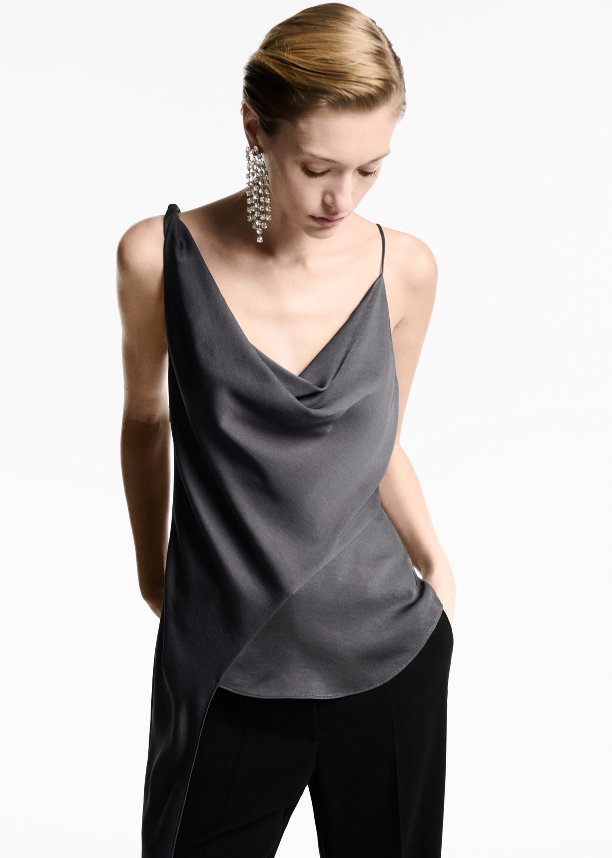Asymmetrical top with draped neckline - Medium plane, Grey. Ref: 77069056-00.