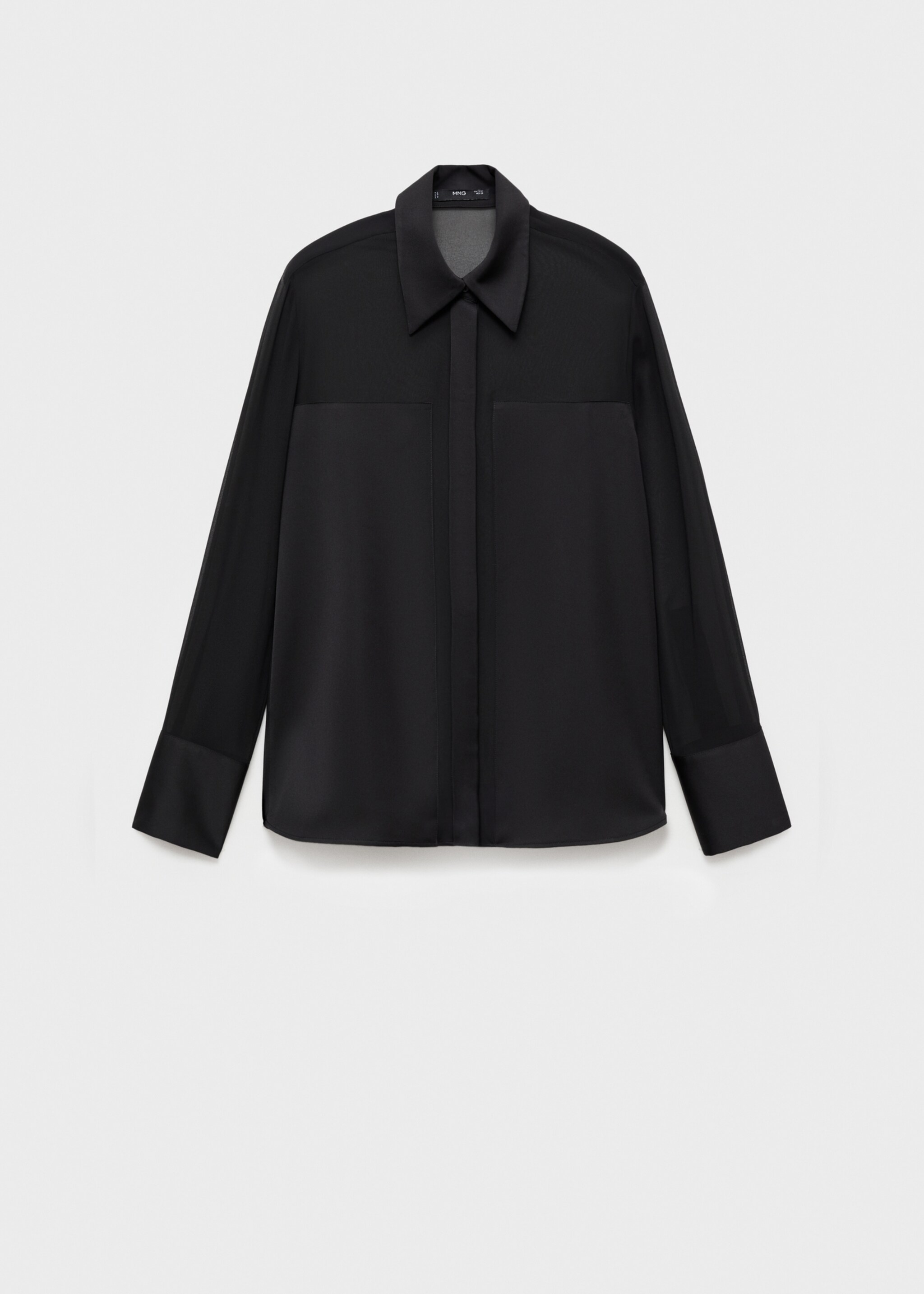 Chiffon shirt with satin panels - Article without model, Black. Ref: 77069057-00.