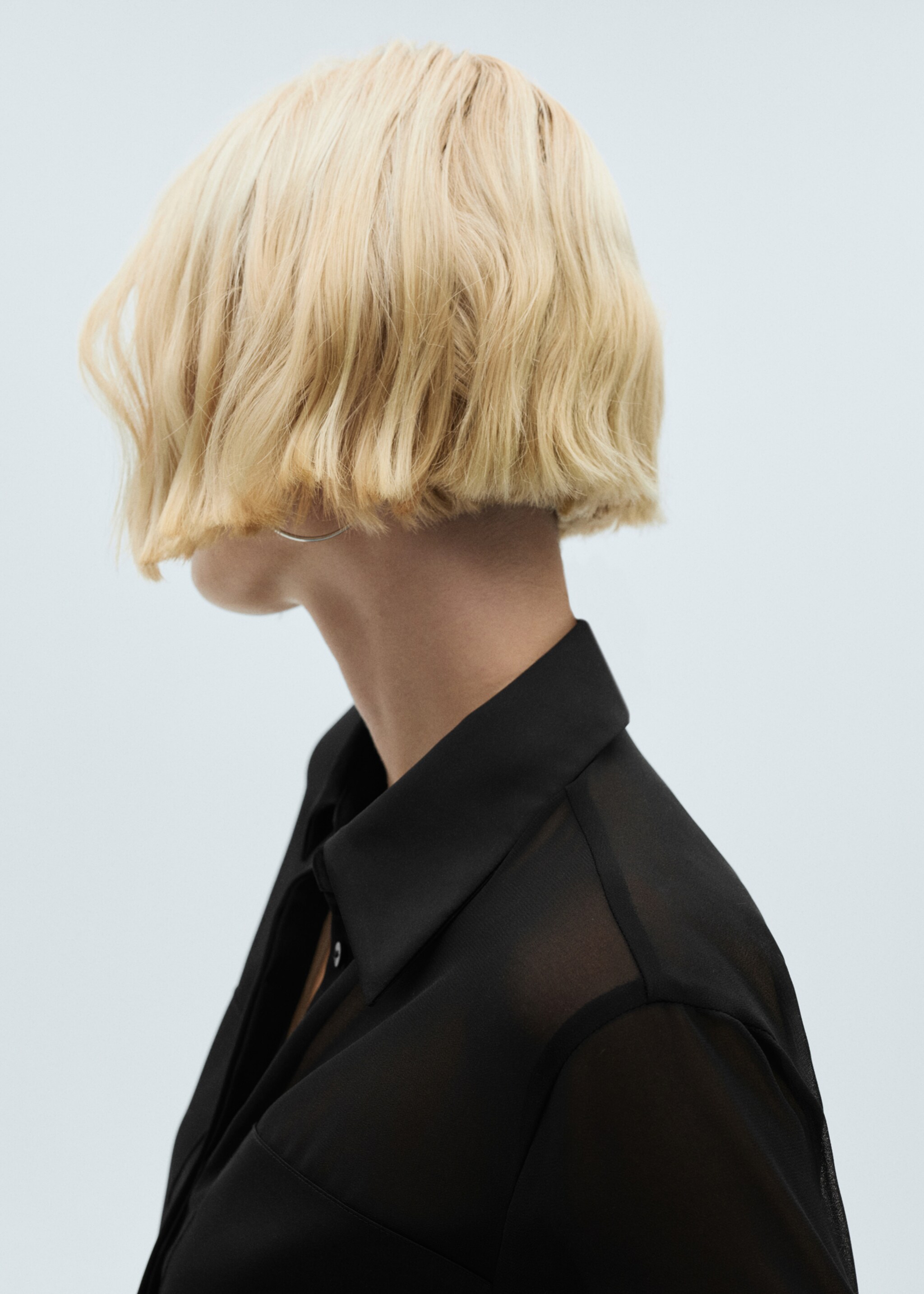 Chiffon shirt with satin panels - Details of the article 1, Black. Ref: 77069057-00.