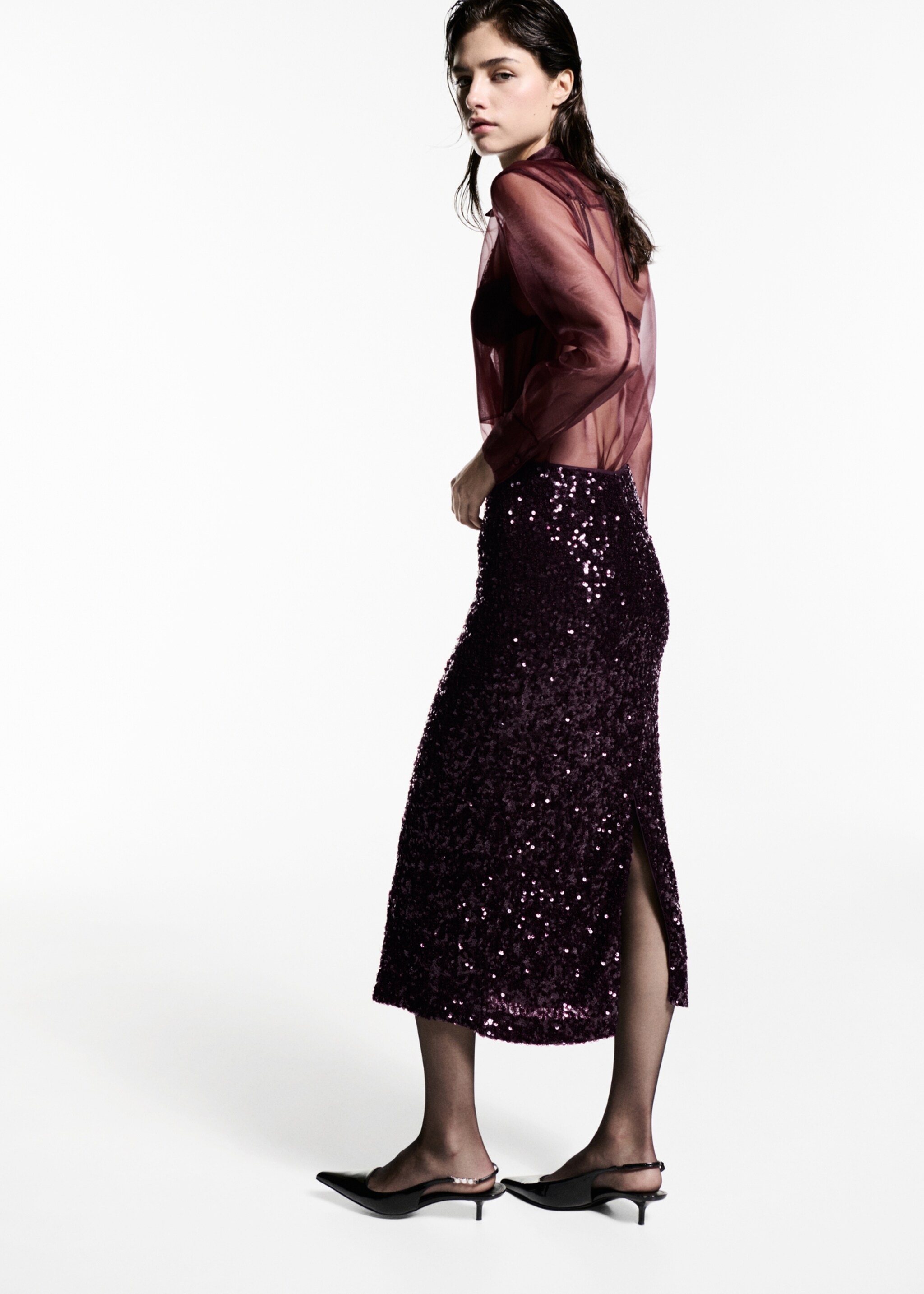 Sequin midi skirt - Reverse of the article, Burgundy. Ref: 77069060-00.