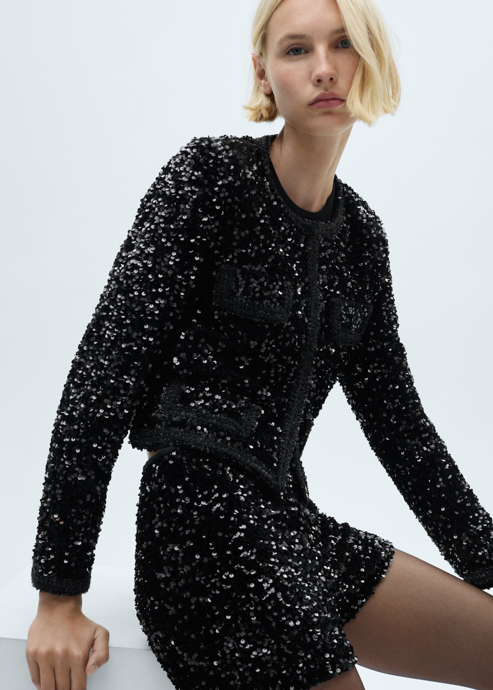 Pailletten-Jacke mit Taschen - Mittlere Ansicht, Schwarz. Ref: 77069067-00.