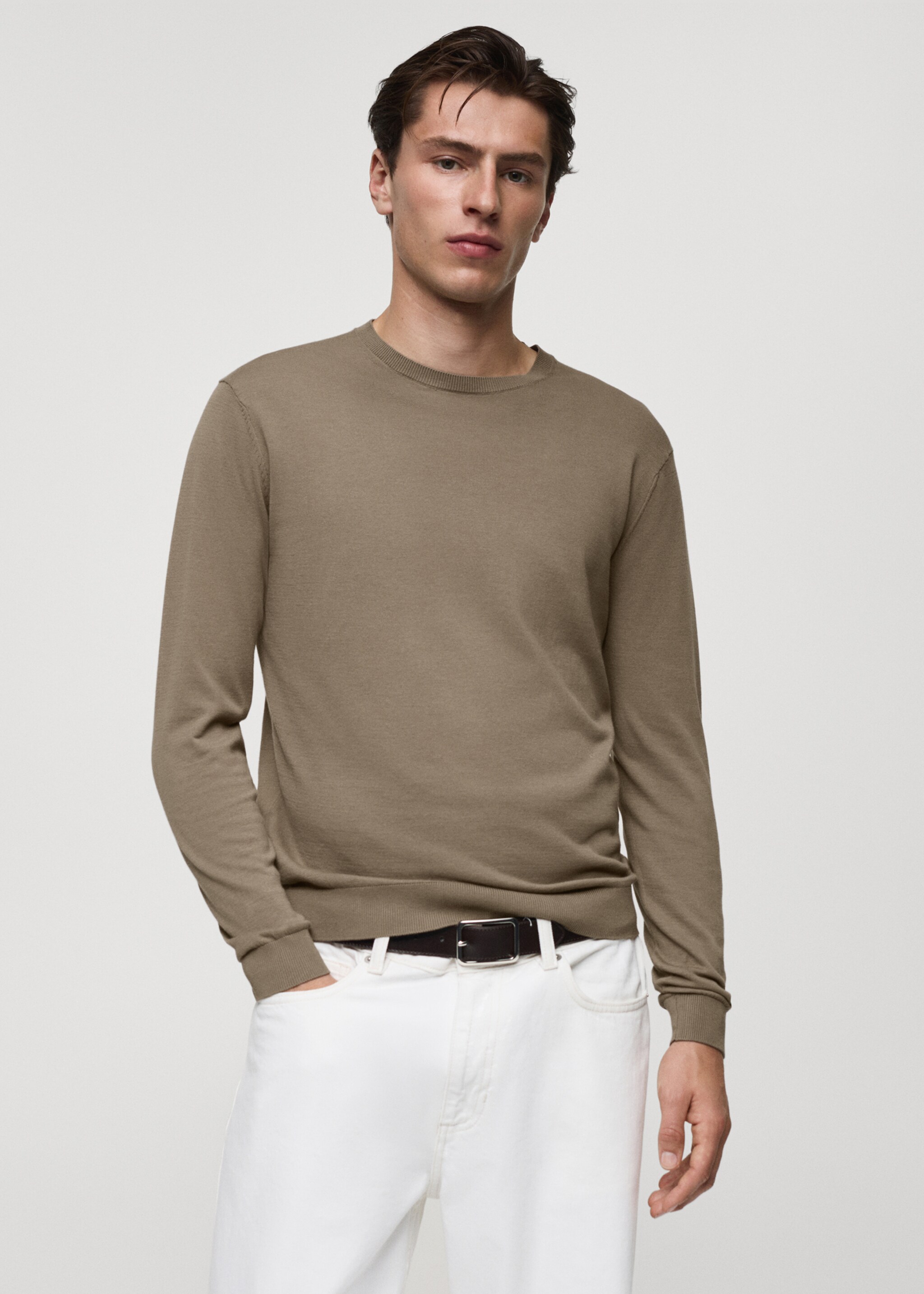 Sweter ze 100% bawełnianej cienkiej dzianiny - Plan średni, Średni Brązowy. Ref: 77072537-00.
