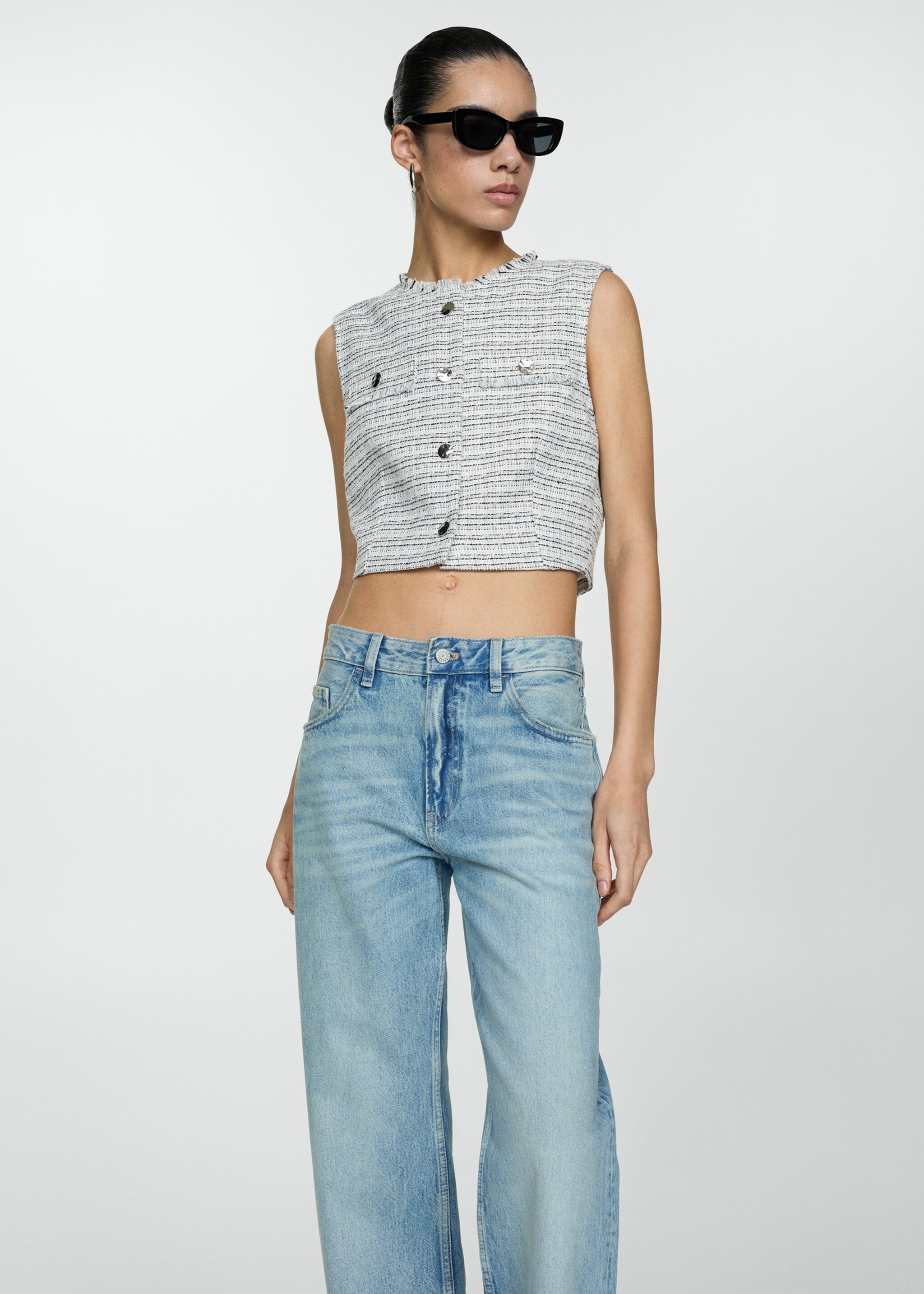 Tweed crop top - Details of the article 2, Blue. Ref: 77072911-00.