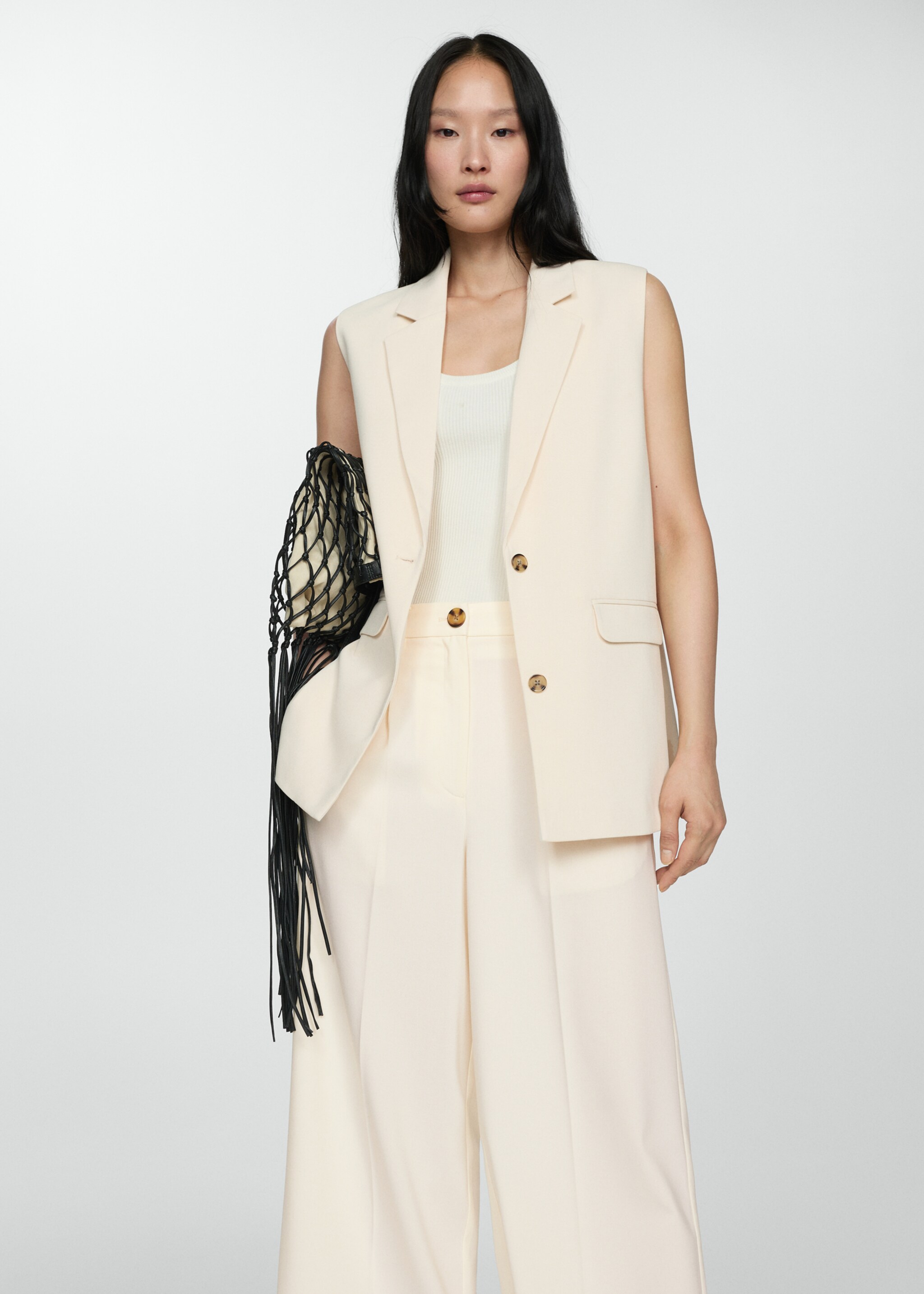 Long gilet with openings - Medium plane, Ecru. Ref: 77072912-00.