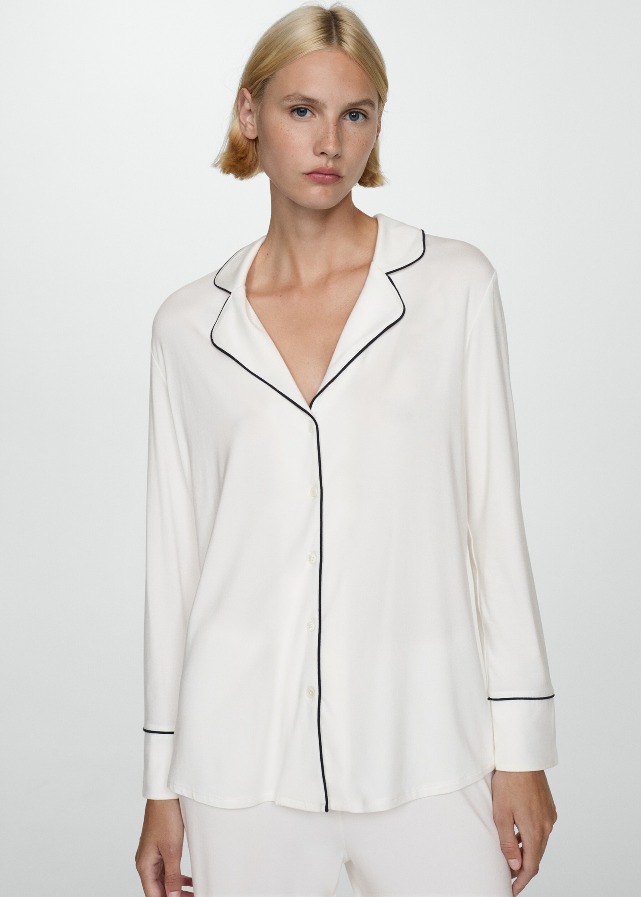 Two-piece pyjamas with piping - Details of the article 1, Off White. Ref: 77073289-00.