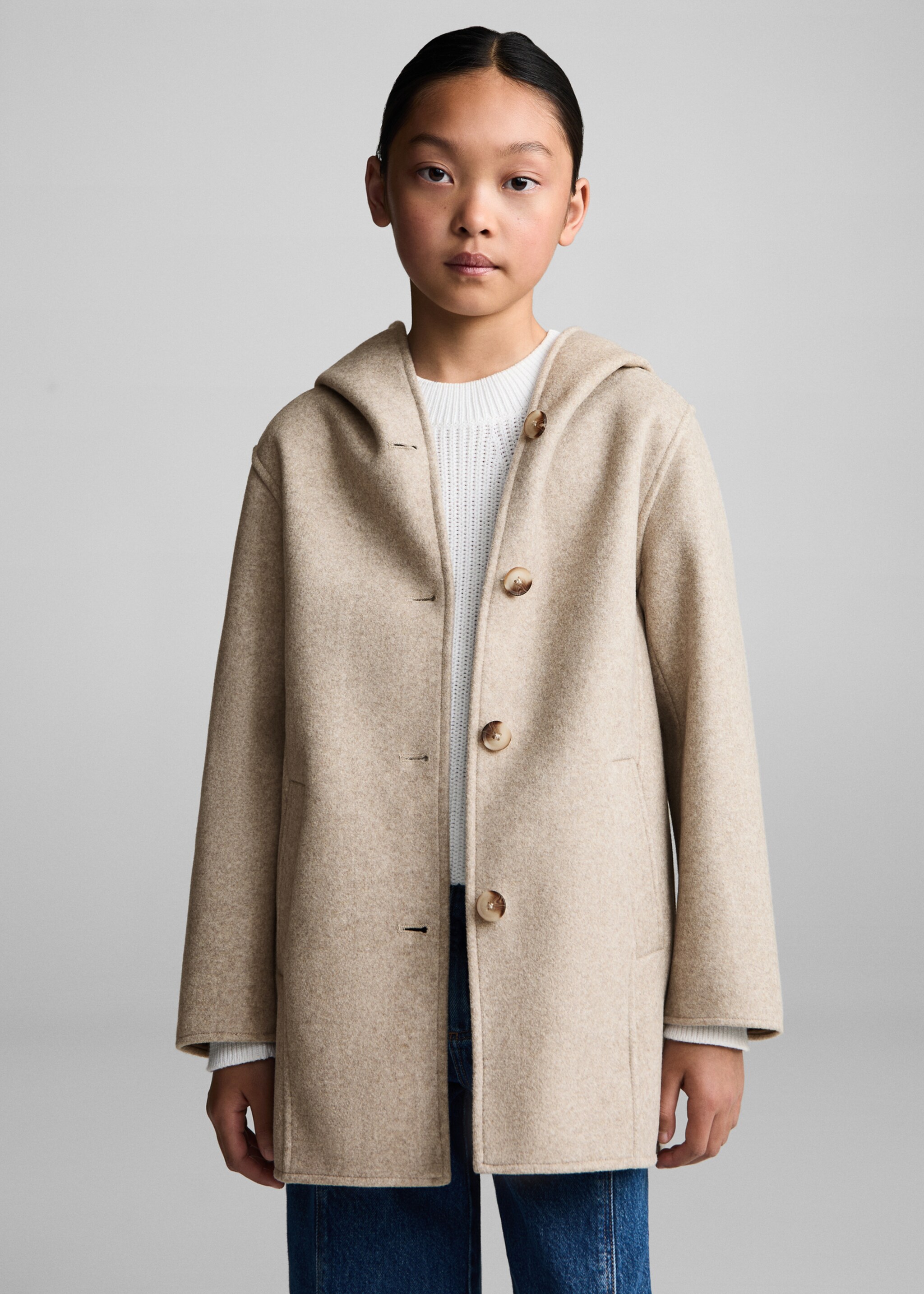 Hooded button coat - Medium plane, Beige. Ref: 77074441-00.