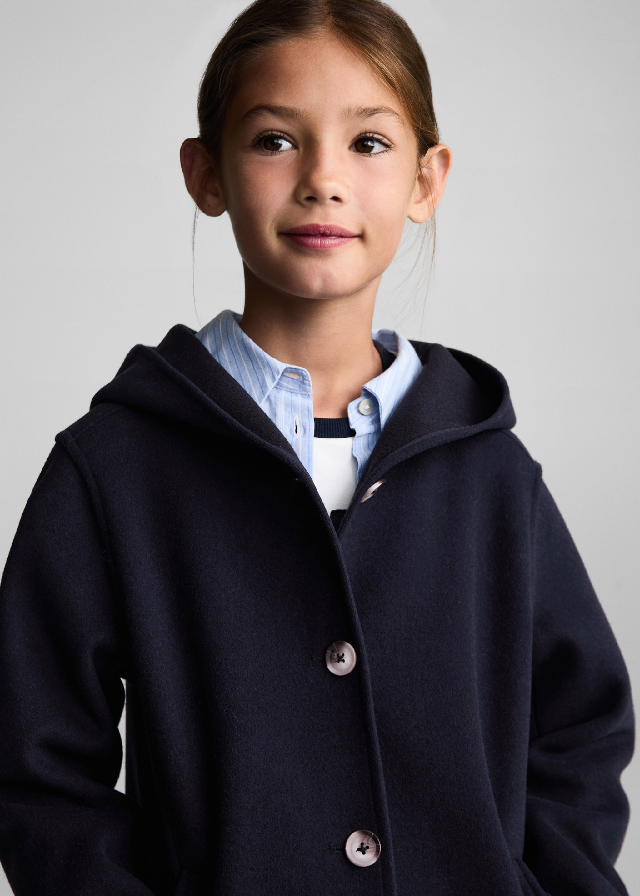 Hooded button coat - Details of the article 1, Dark Navy. Ref: 77074441-00.