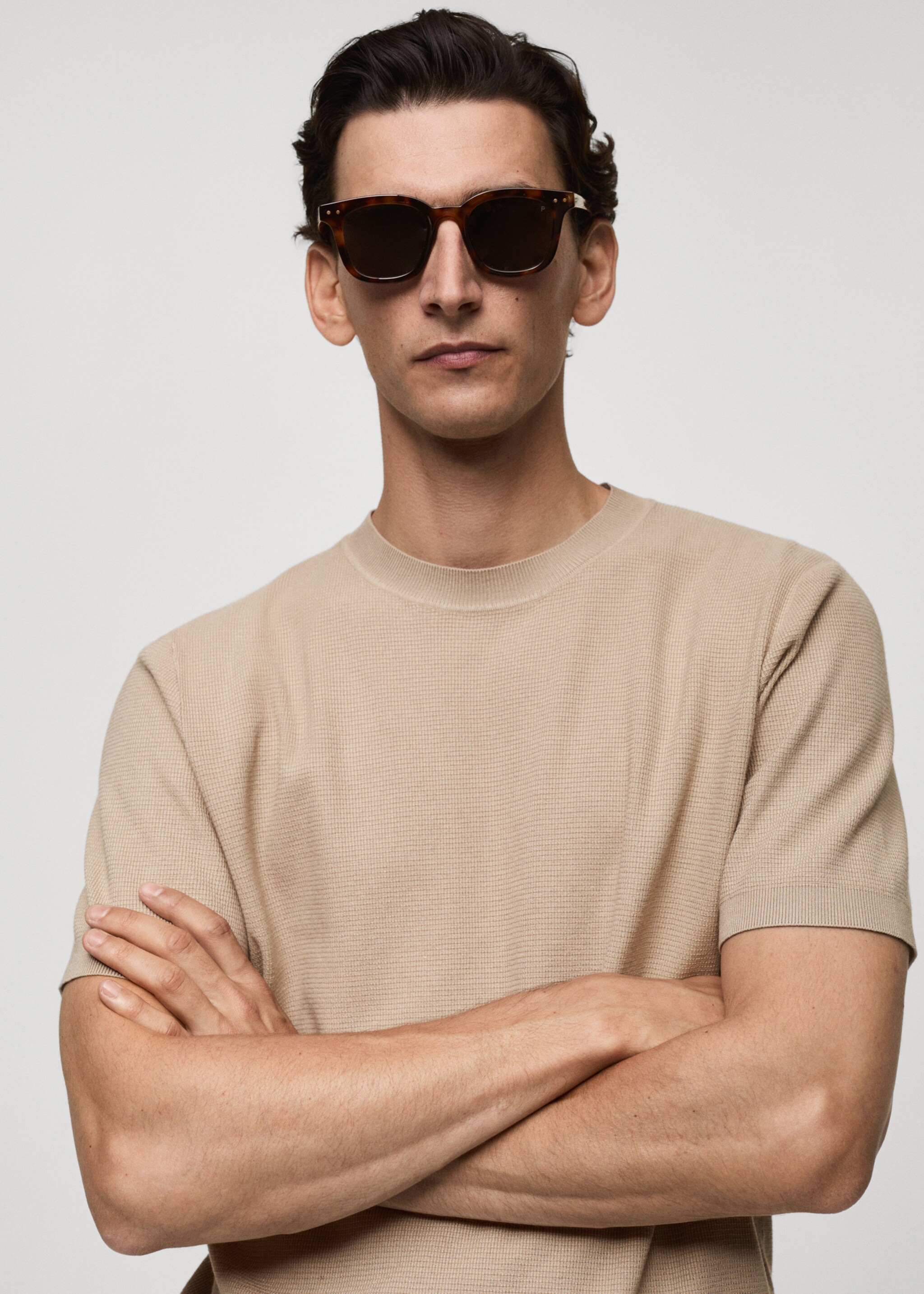 Structured knitted t-shirt - Details of the article 1, Light/Pastel Grey. Ref: 77074445-00.