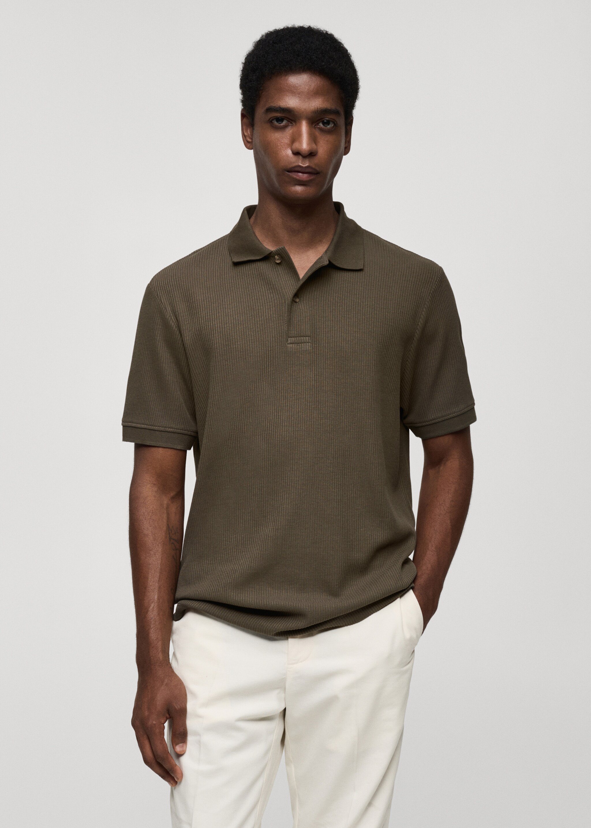 Ribbed cotton knitted polo shirt - Medium plane, Dark Green. Ref: 77074446-00.