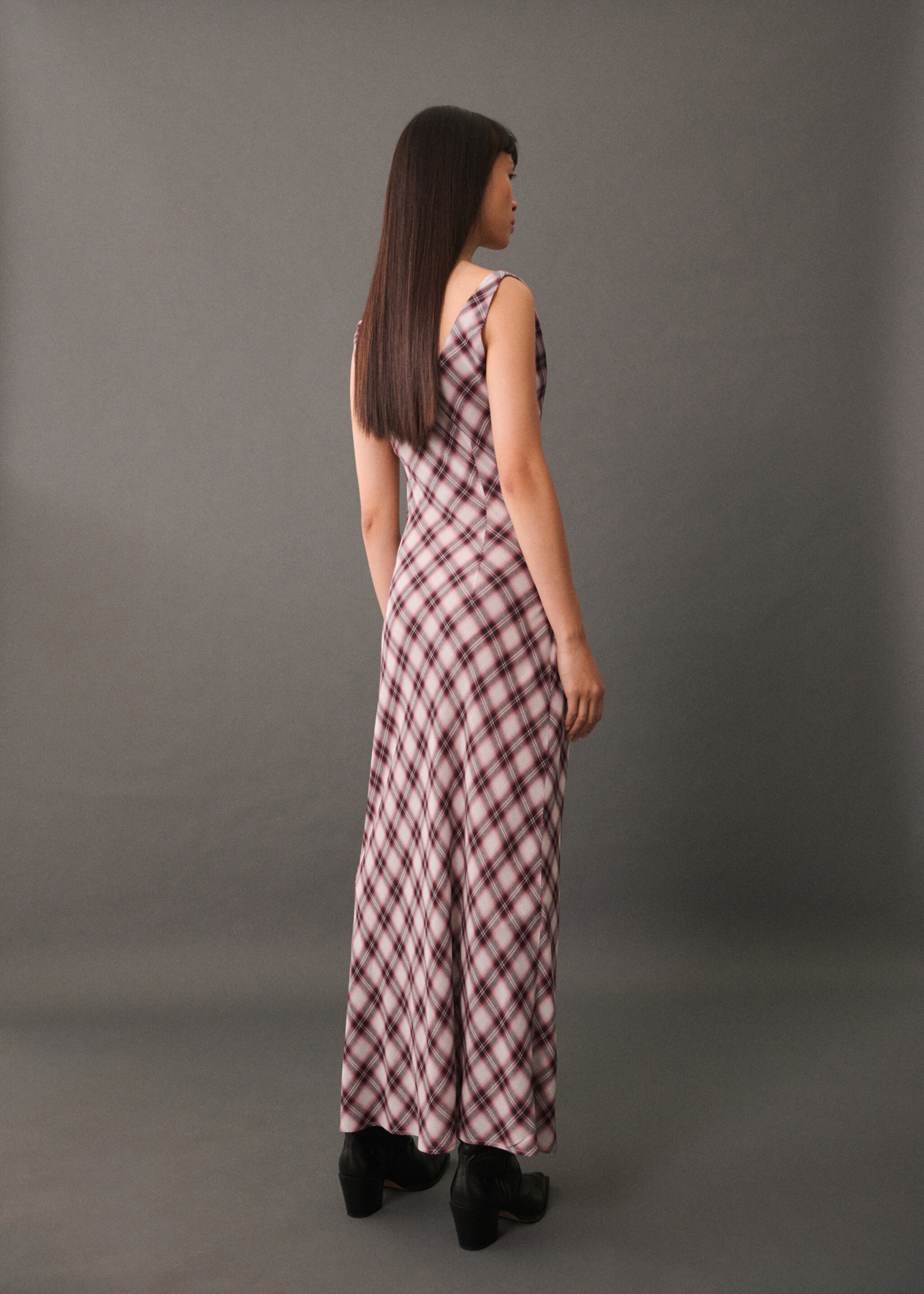 Check-print midi-dress - Reverse of the article, Maroon. Ref: 77075646-00.