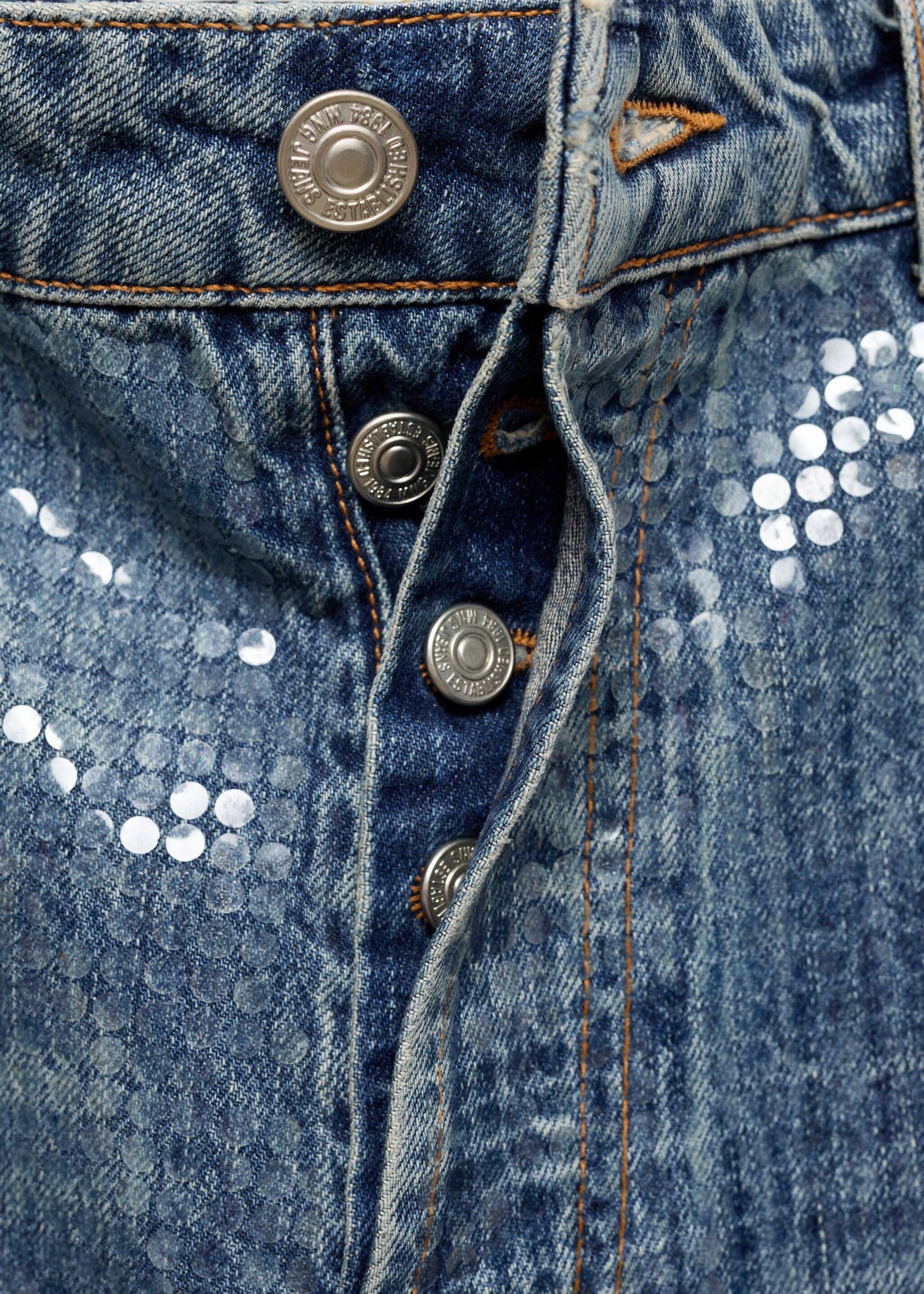 Jeans with sequins under slits - Details of the article 8, Medium Blue. Ref: 77075670-00.