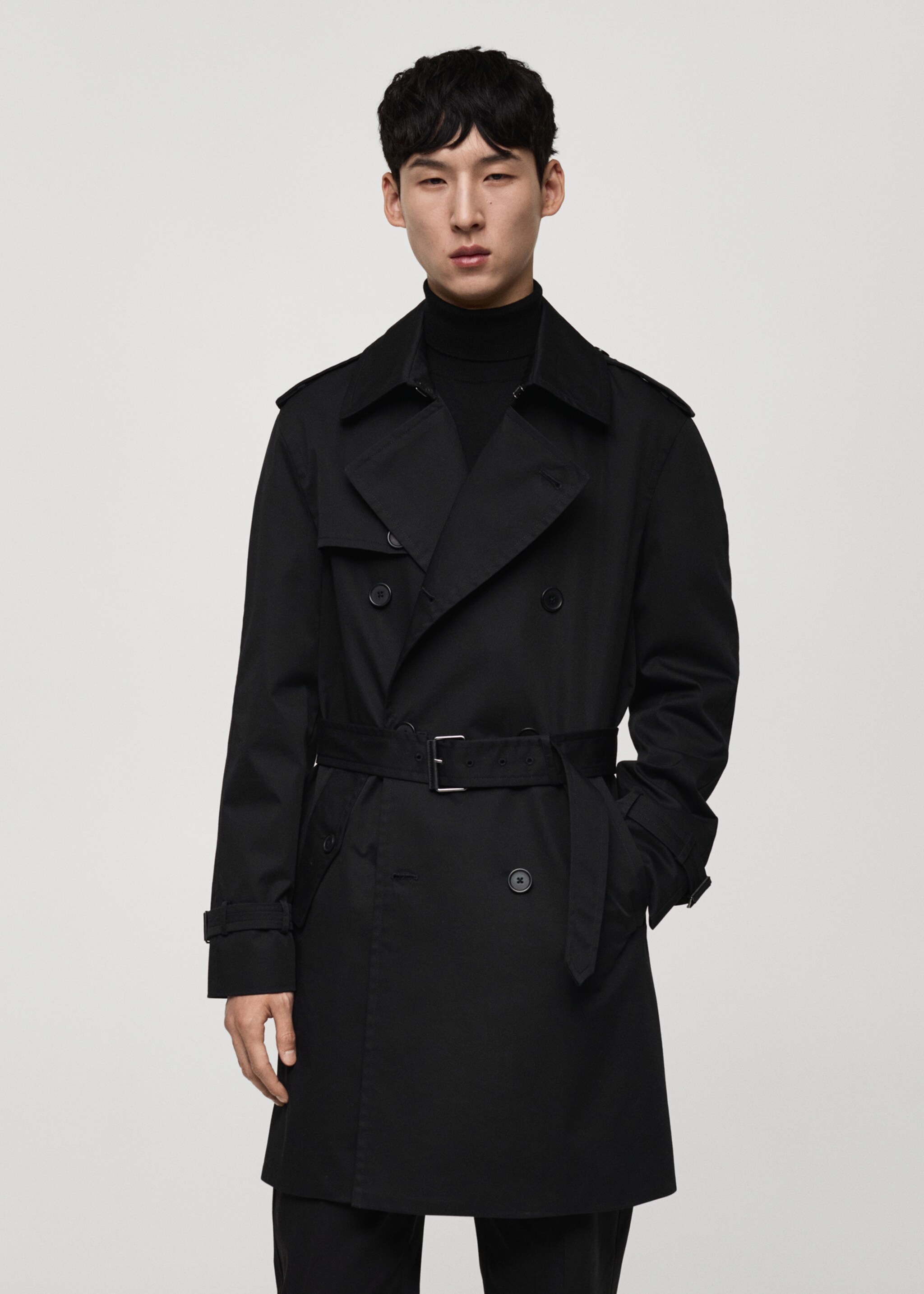 Water-repellent belted trench coat - Medium plane, Black. Ref: 77075961-00.