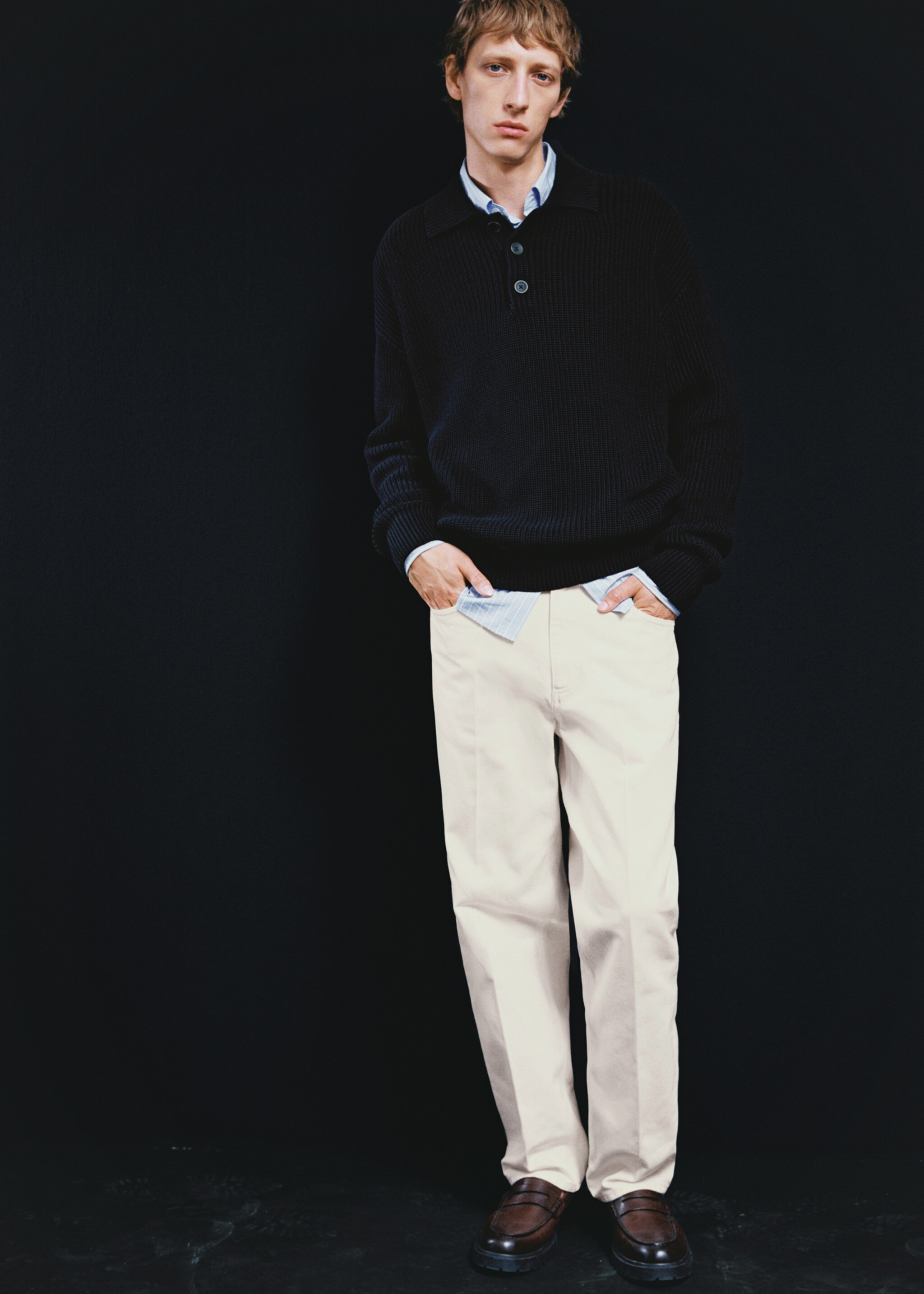 Relaxed-fit jeans with flattened stripe - Details of the article 3, Ecru. Ref: 77075973-00.