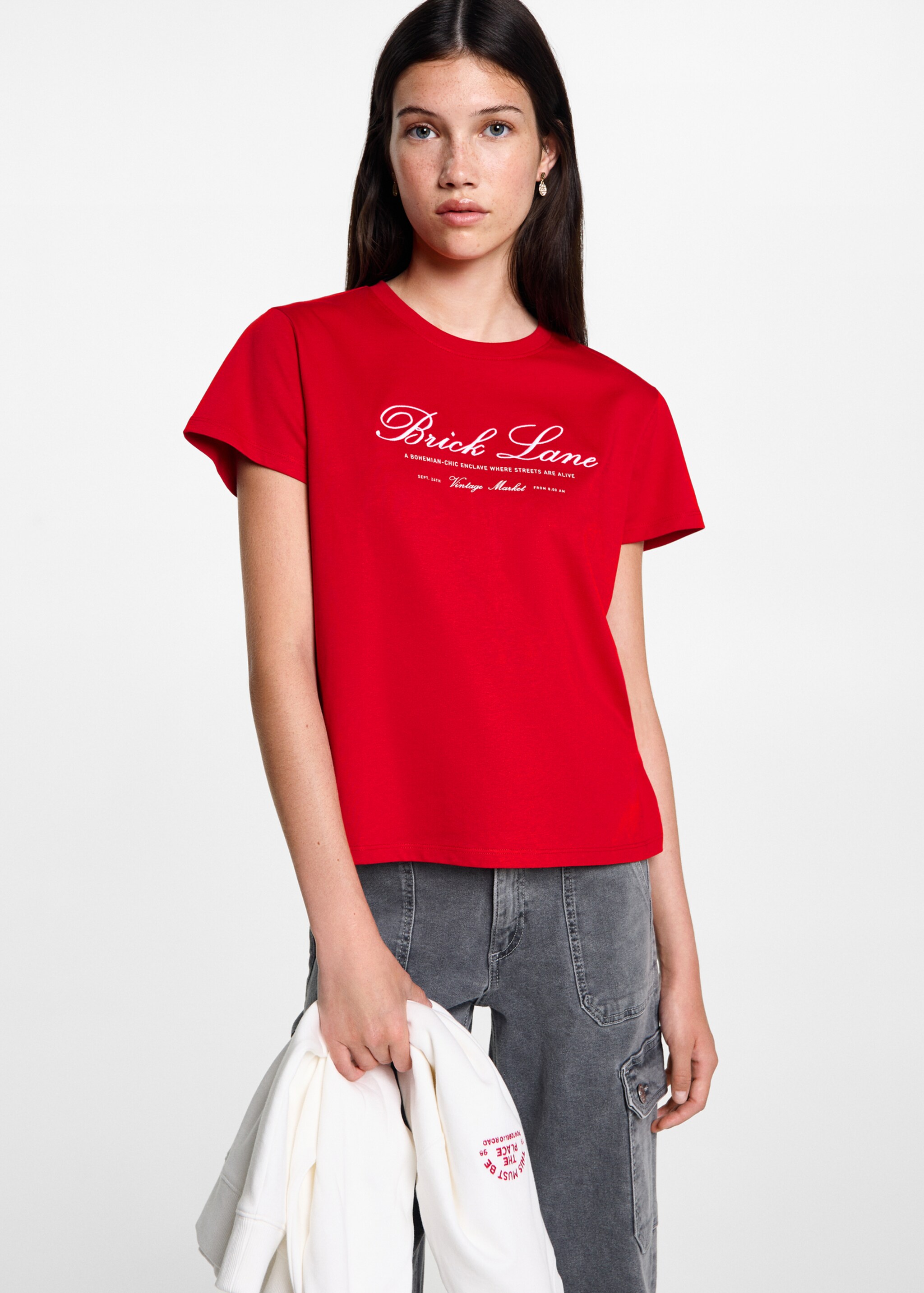 Embroidered detail cotton T-shirt - Medium plane
