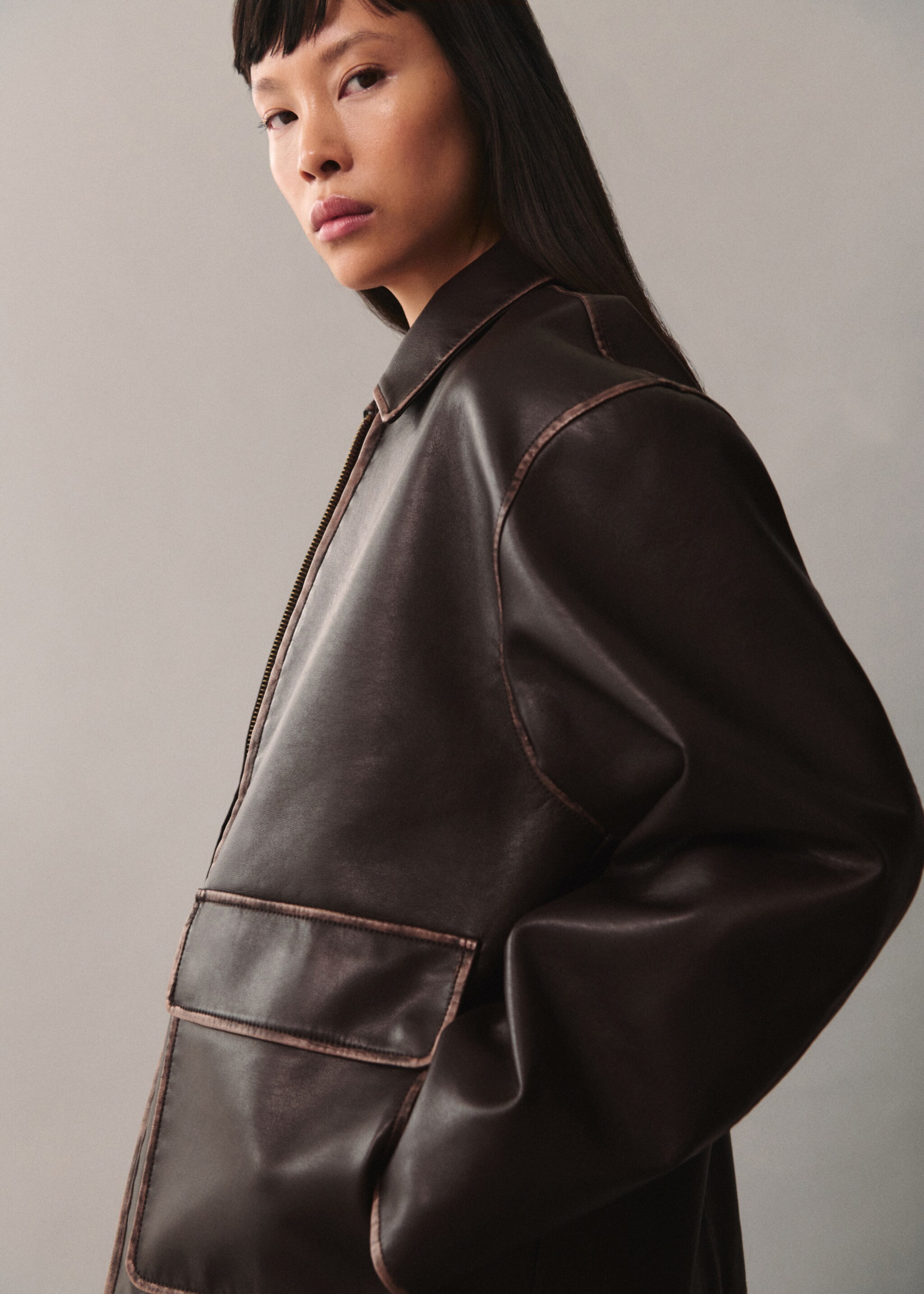 Leather-effect jacket with contrast stitching - Medium plane, Brown. Ref: 77076004-00.
