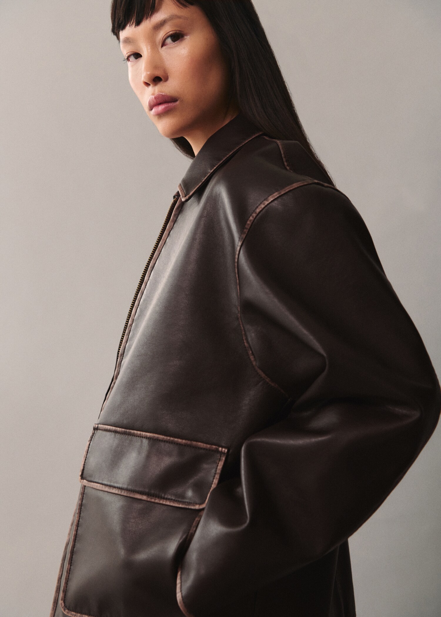 Leather-effect jacket with contrast stitching - Medium plane