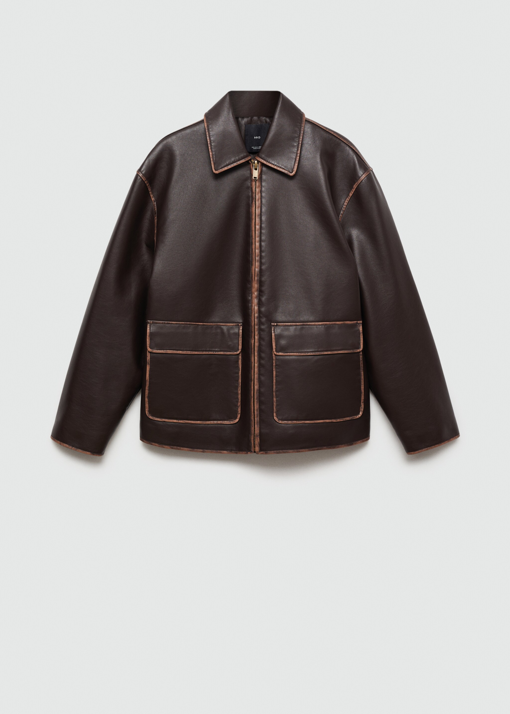 Leather-effect jacket with contrast stitching - Article without model, Brown. Ref: 77076004-00.