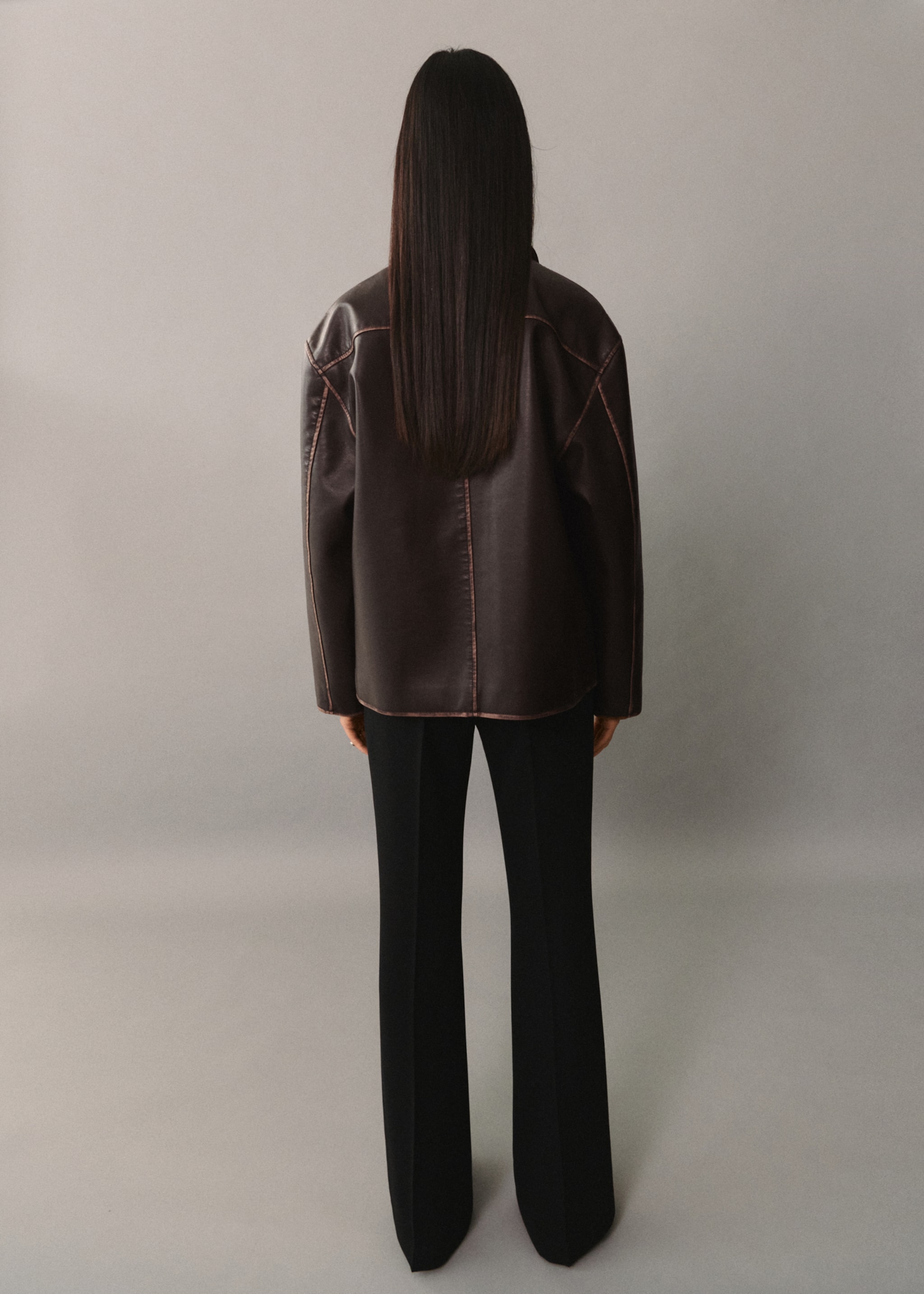 Leather-effect jacket with contrast stitching - Reverse of the article, Brown. Ref: 77076004-00.