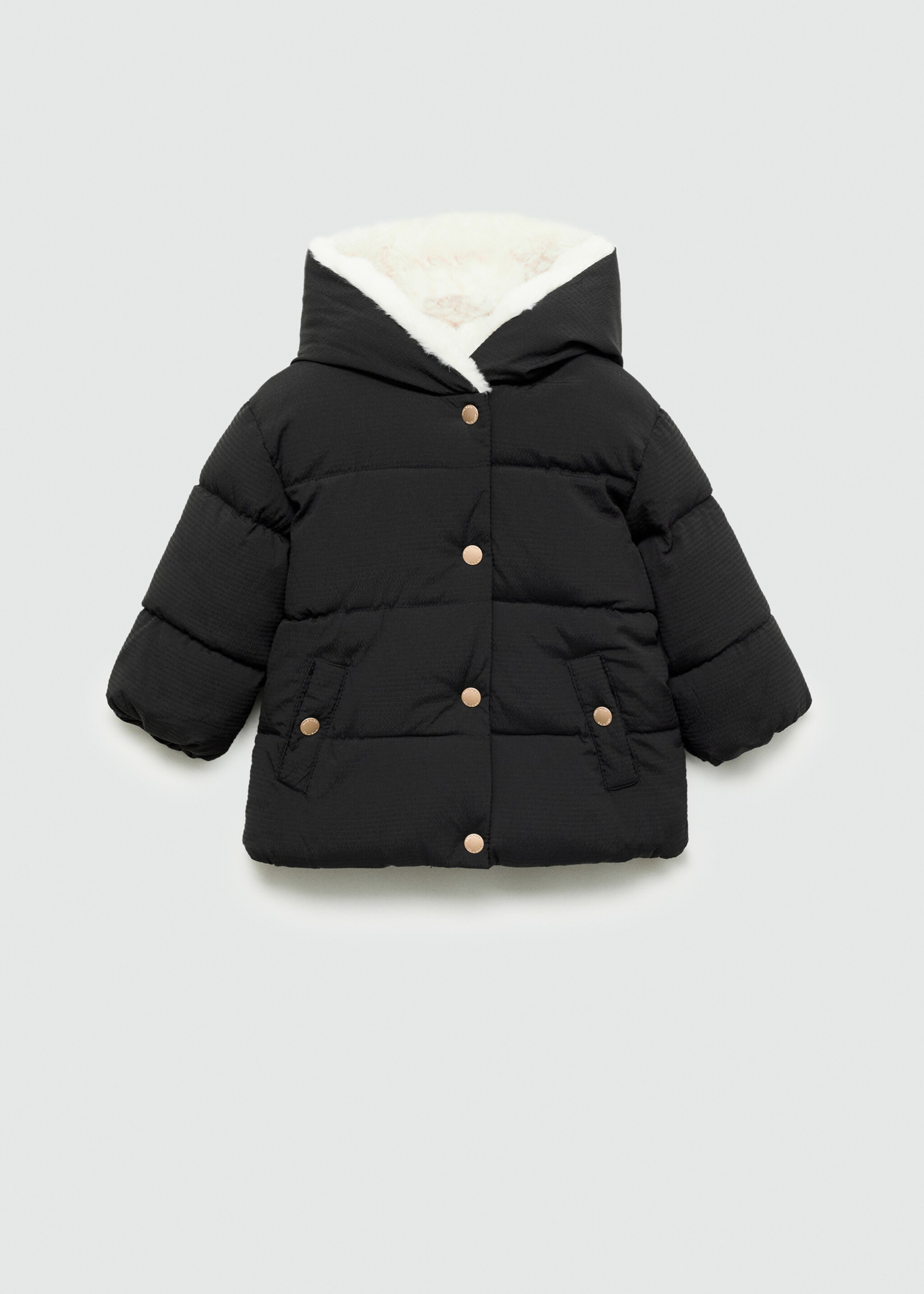 Quilted coat with fur-effect hood - Article without model, Black. Ref: 77076336-00.