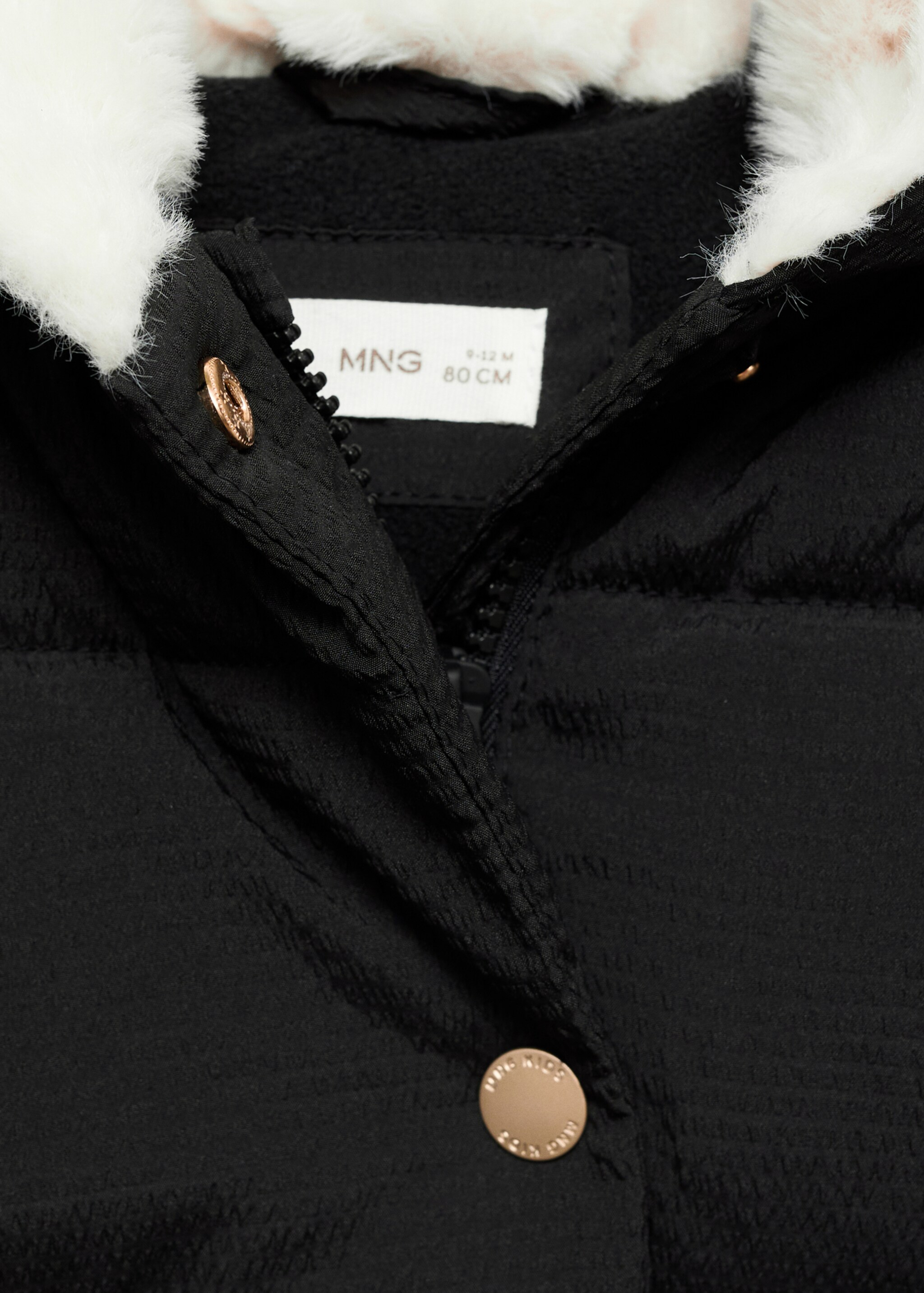 Quilted coat with fur-effect hood - Details of the article 8, Black. Ref: 77076336-00.