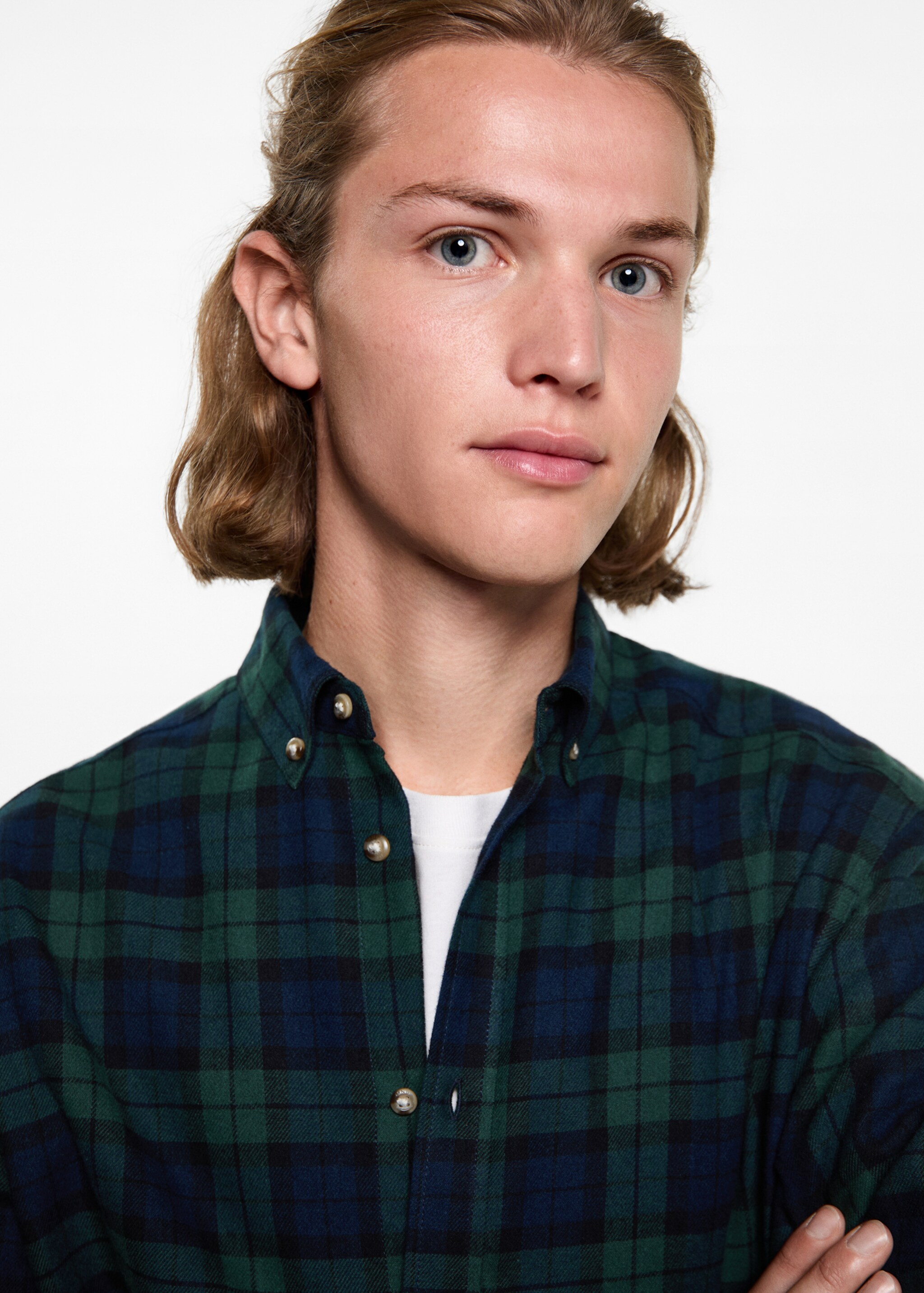 Check cotton shirt - Details of the article 1, Green. Ref: 77076350-00.