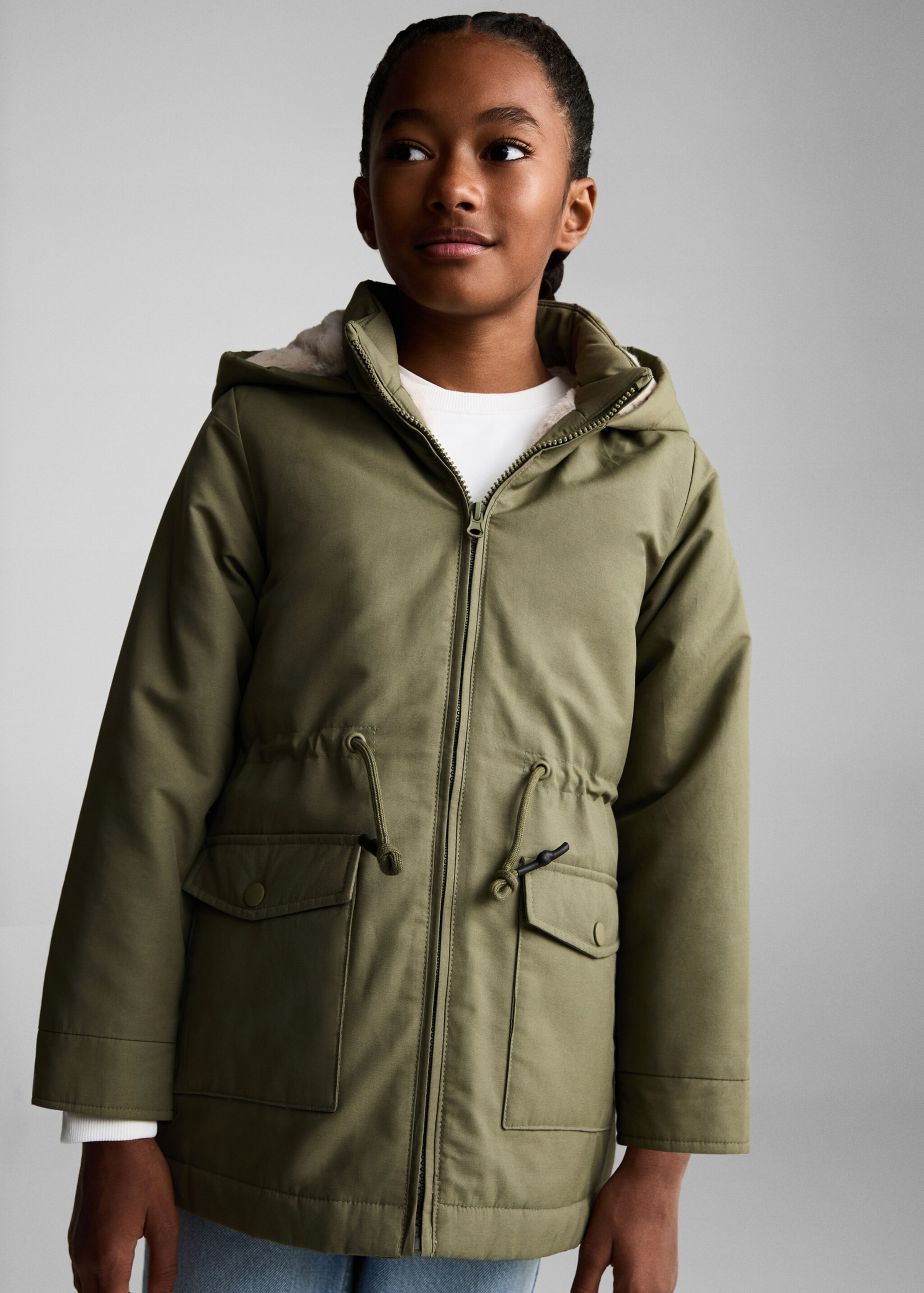 Parka with fur-effect lining - Medium plane, Khaki. Ref: 77077641-00.