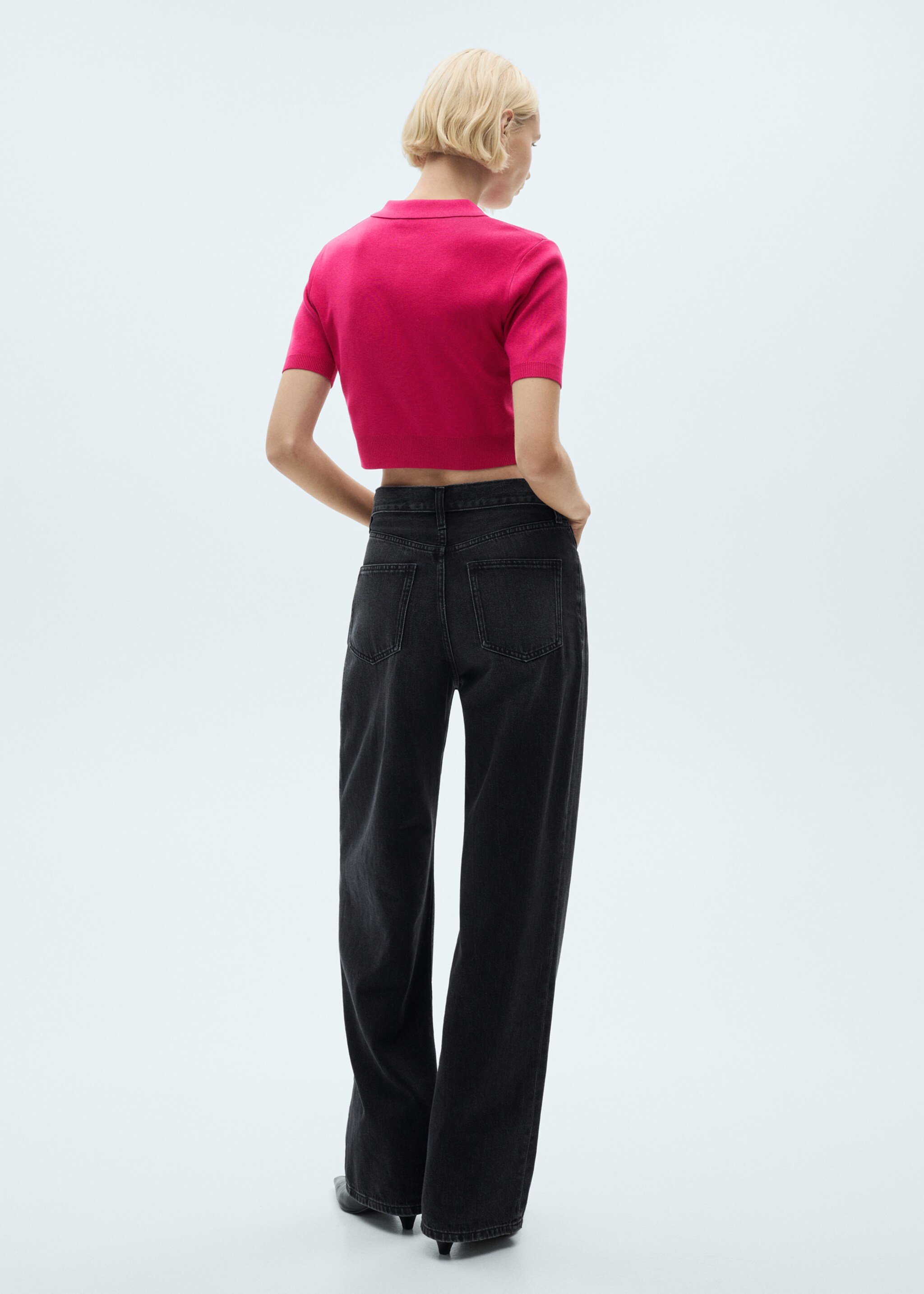 Cropped knitted polo shirt - Reverse of the article, Fuchsia. Ref: 77077644-00.