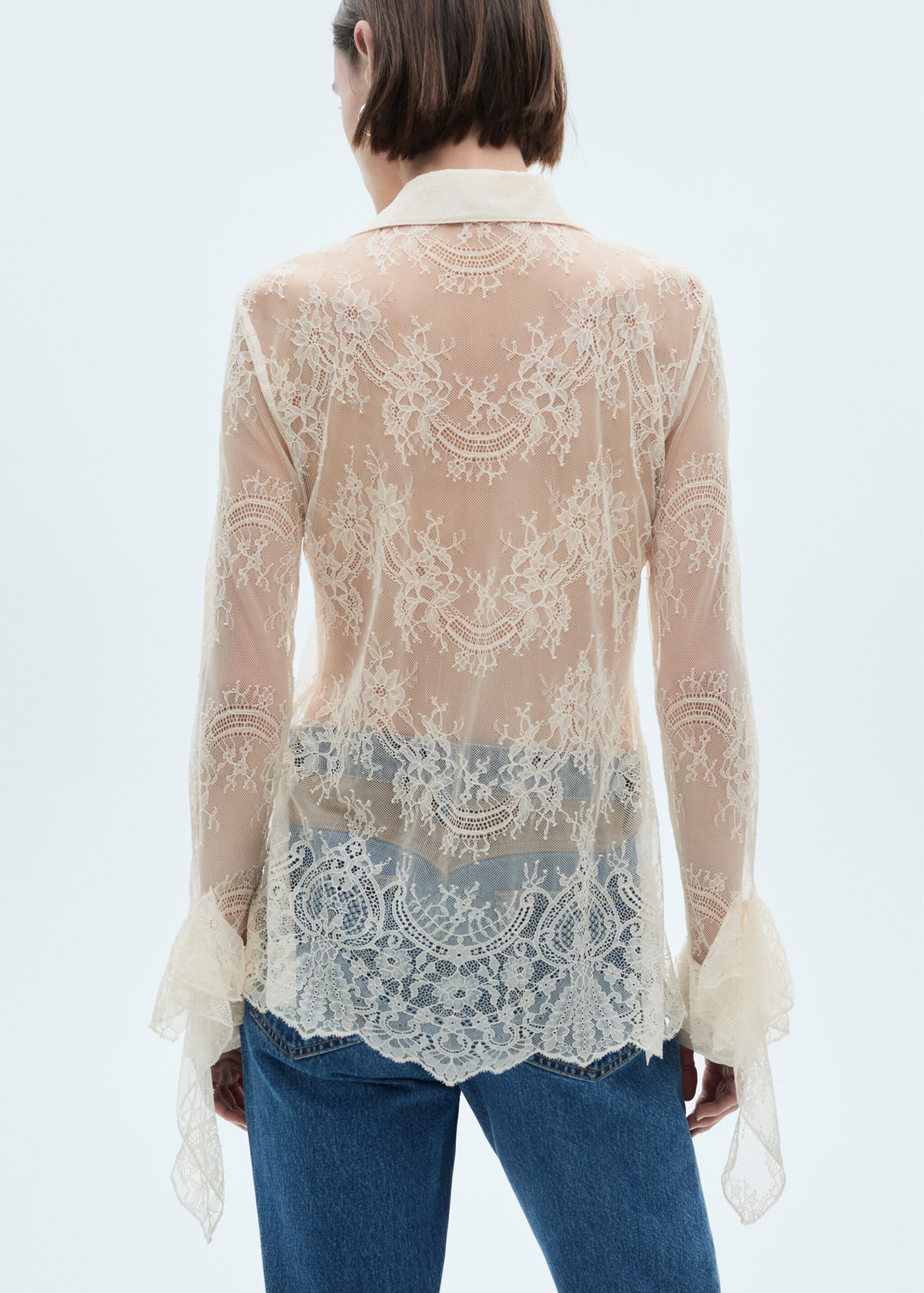 Ruffled guipure shirt - Reverse of the article, Off White. Ref: 77077666-00.