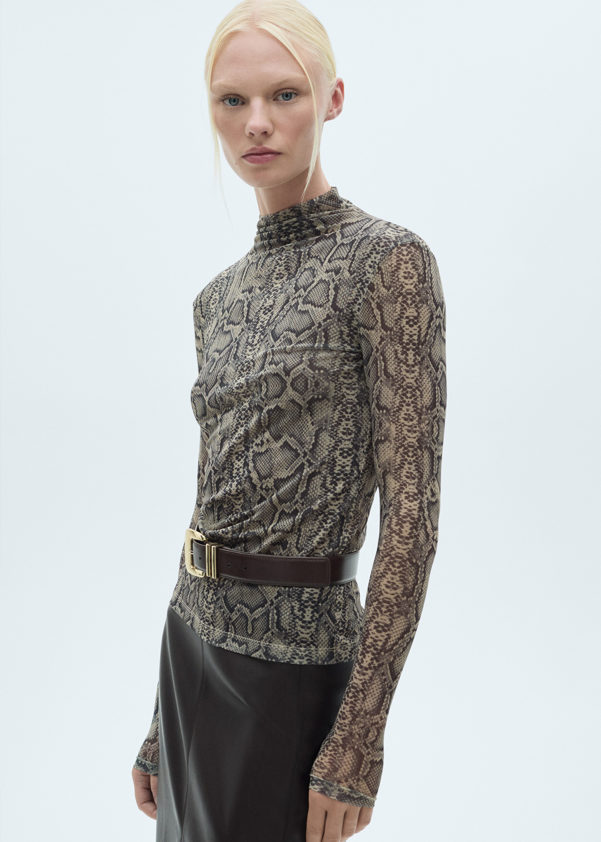 Animal print perkins neck t-shirt - Medium plane, Grey. Ref: 77077679-00.