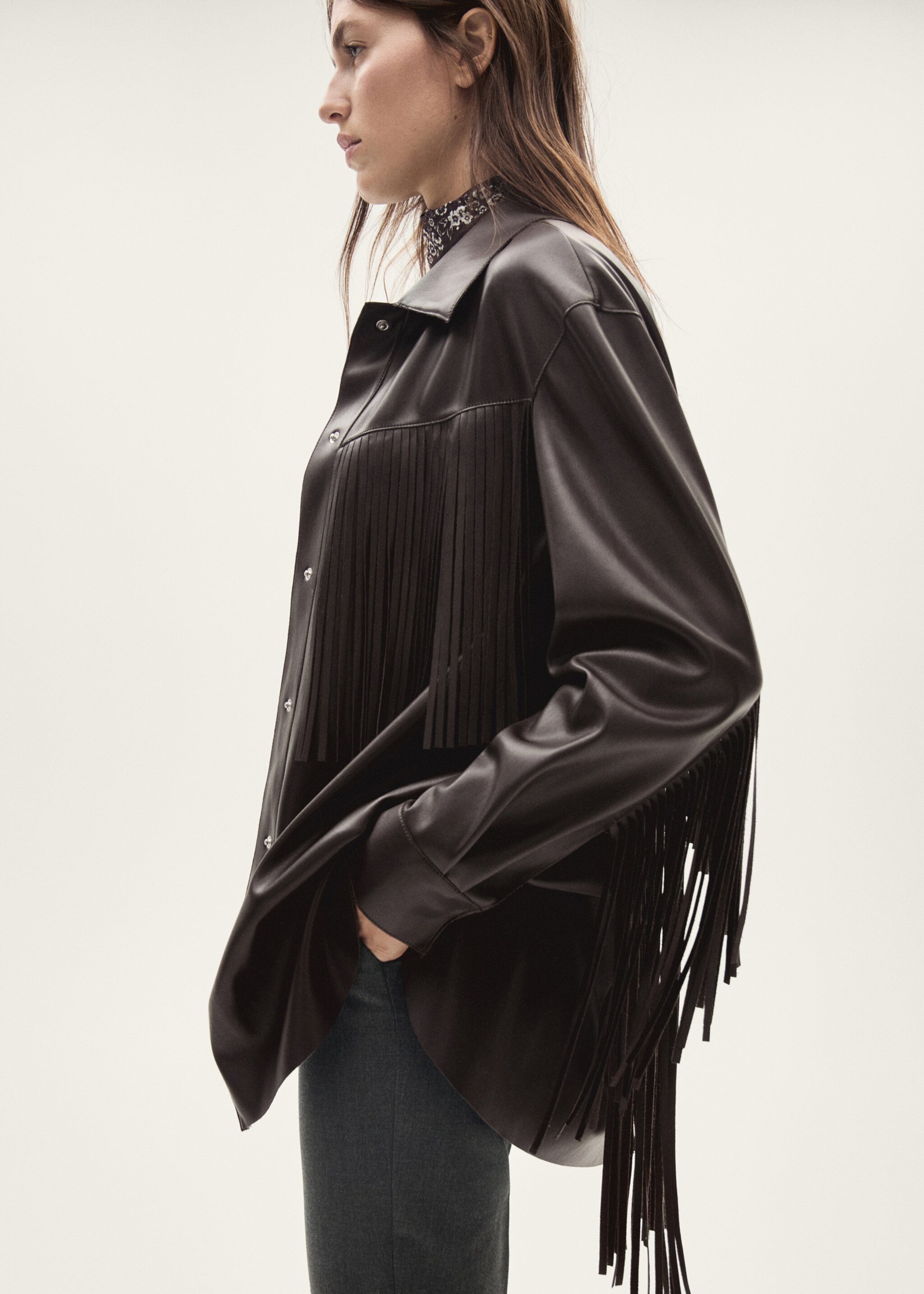 Leather-effect fringed overshirt - Medium plane, Brown. Ref: 77077684-00.