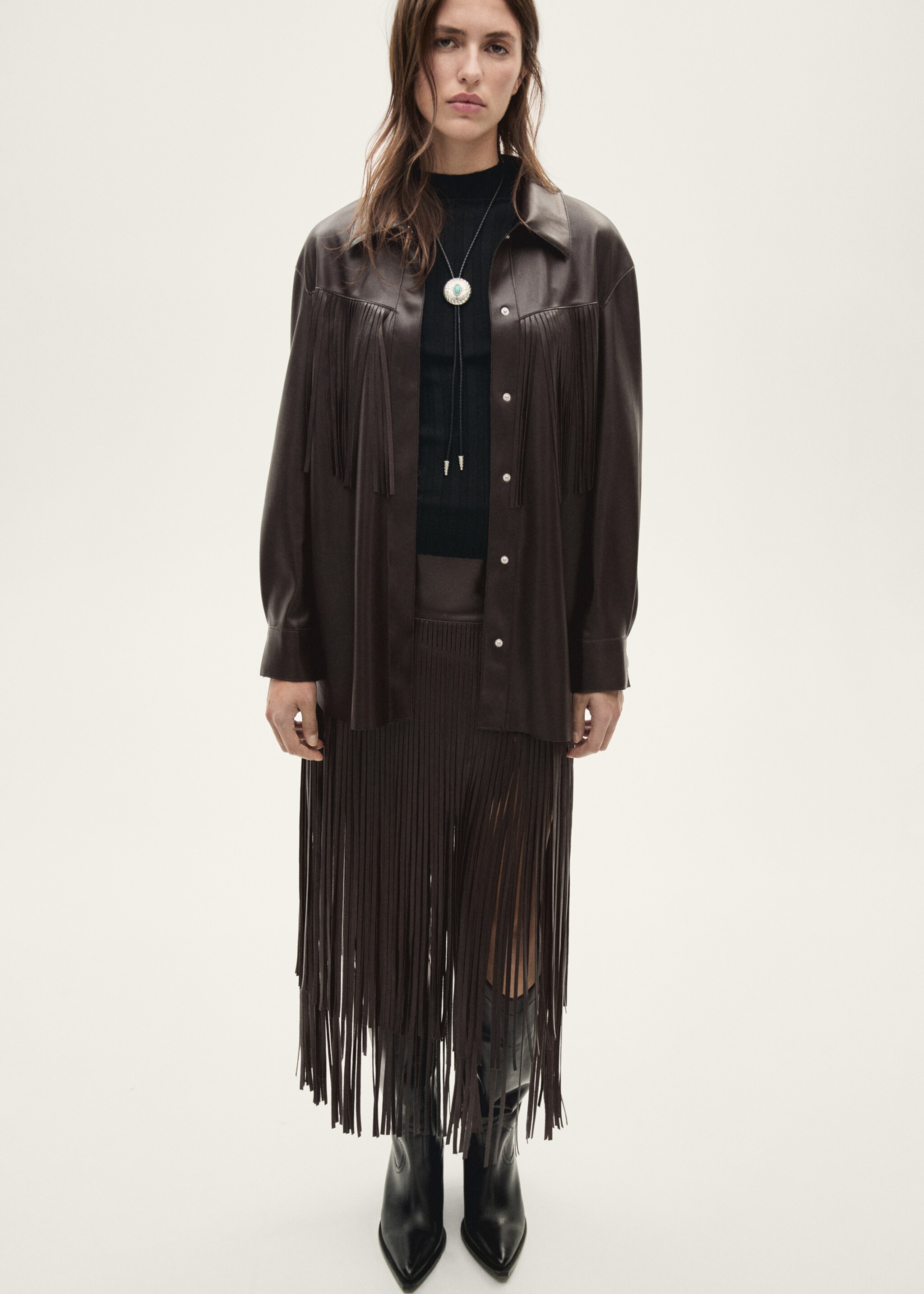 Leather-effect fringed overshirt - Details of the article 1, Brown. Ref: 77077684-00.