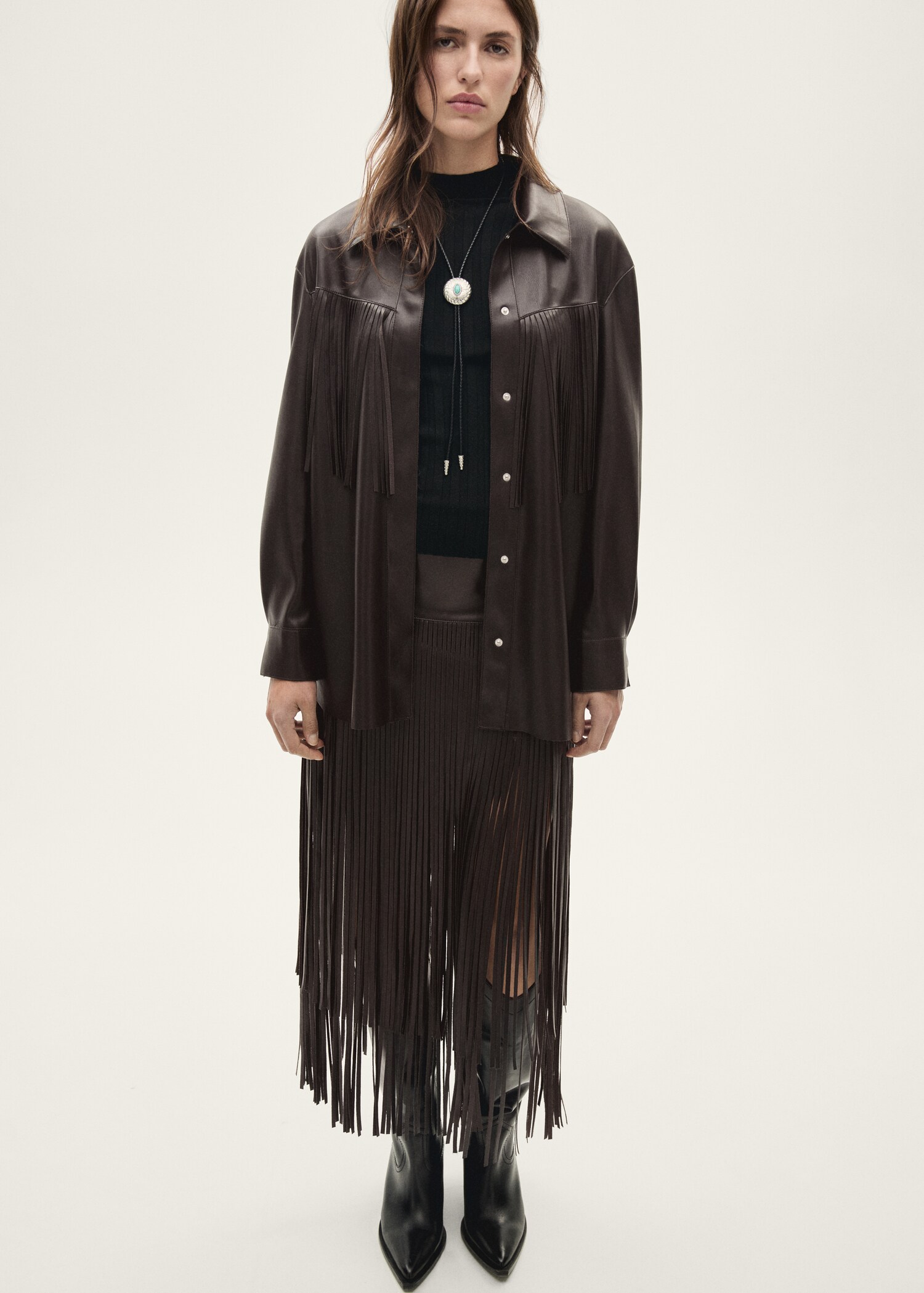 Leather-effect fringed overshirt - Details of the article 1