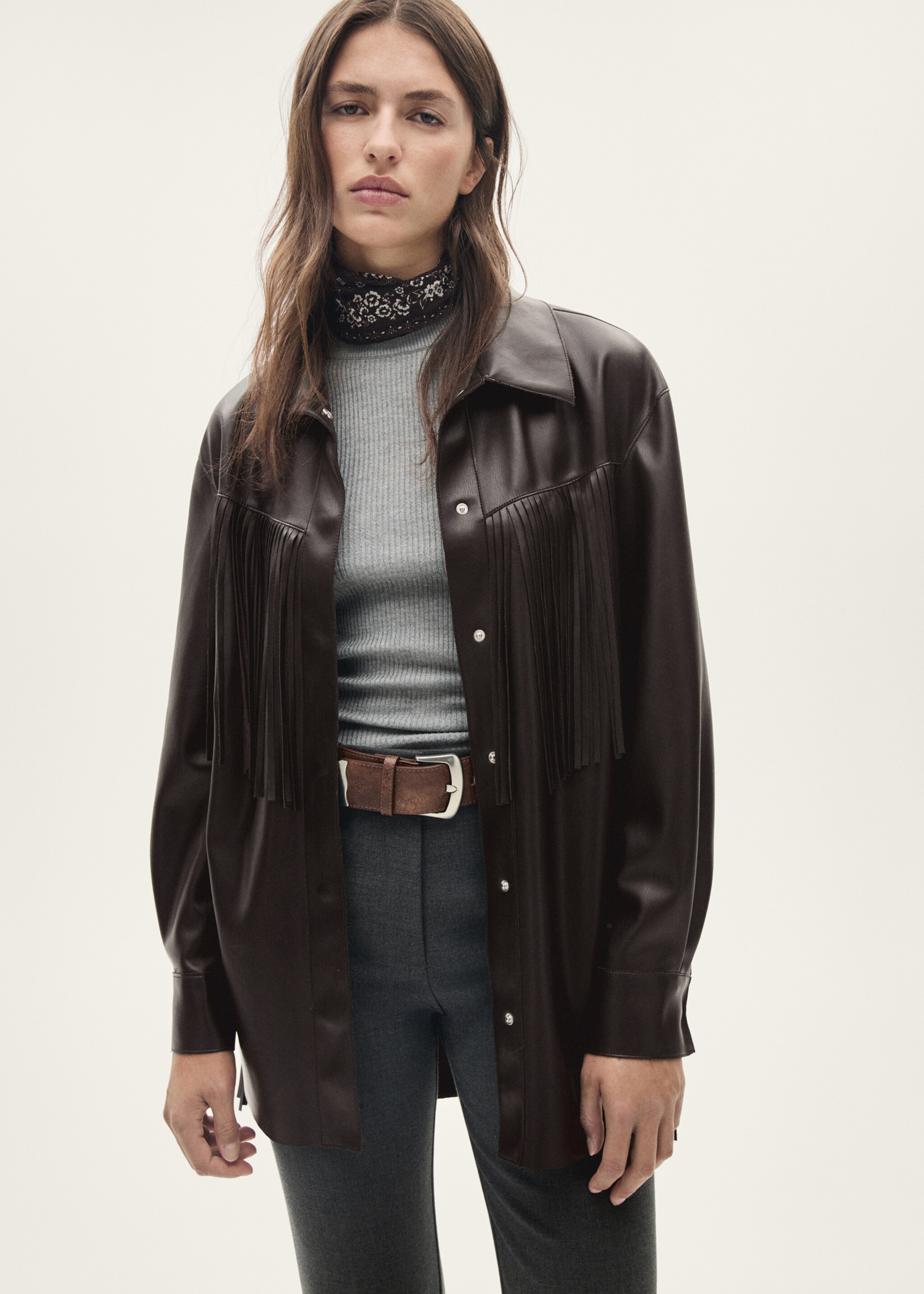 Leather-effect fringed overshirt - Details of the article 6, Brown. Ref: 77077684-00.