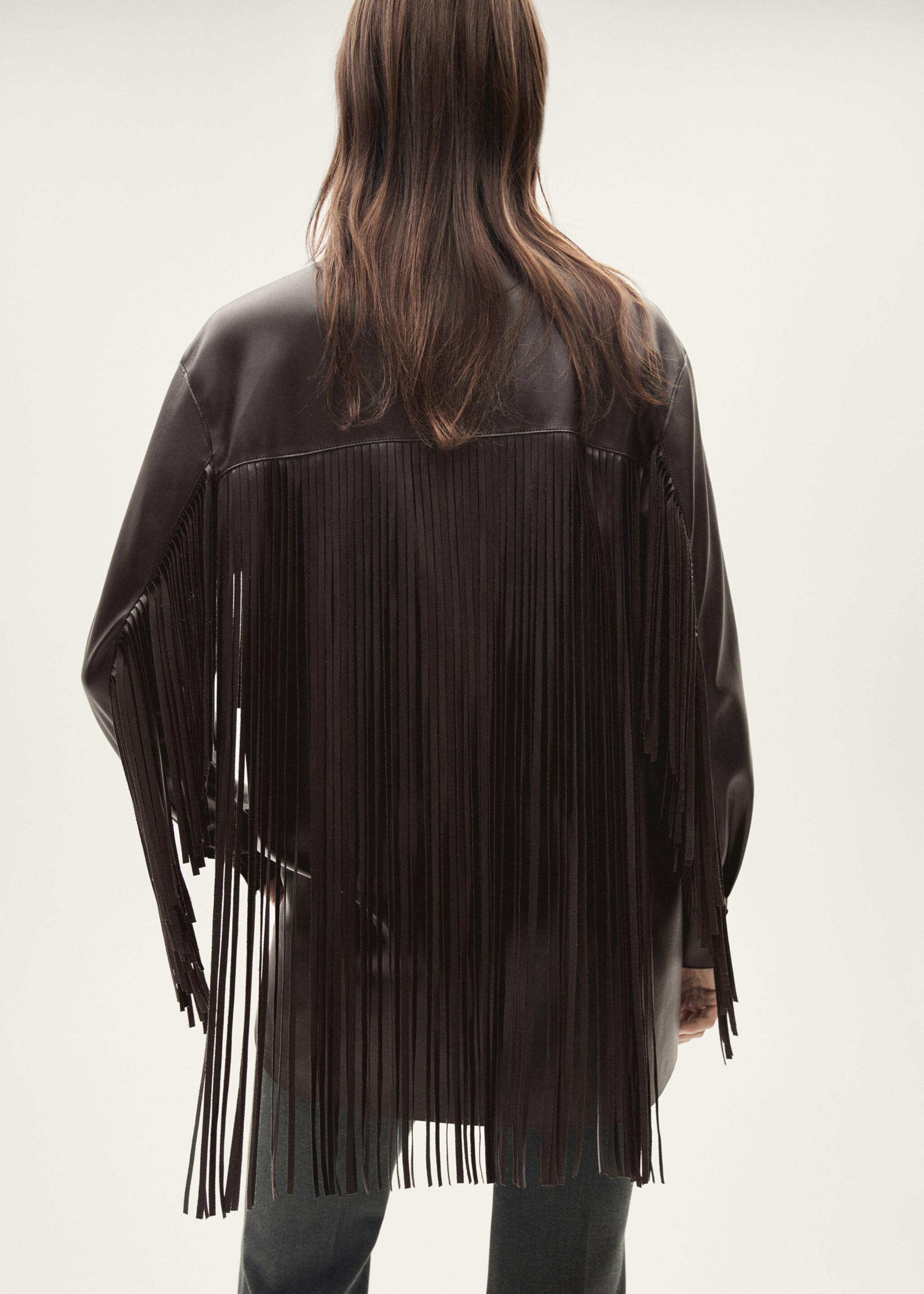 Leather-effect fringed overshirt - Reverse of the article, Brown. Ref: 77077684-00.