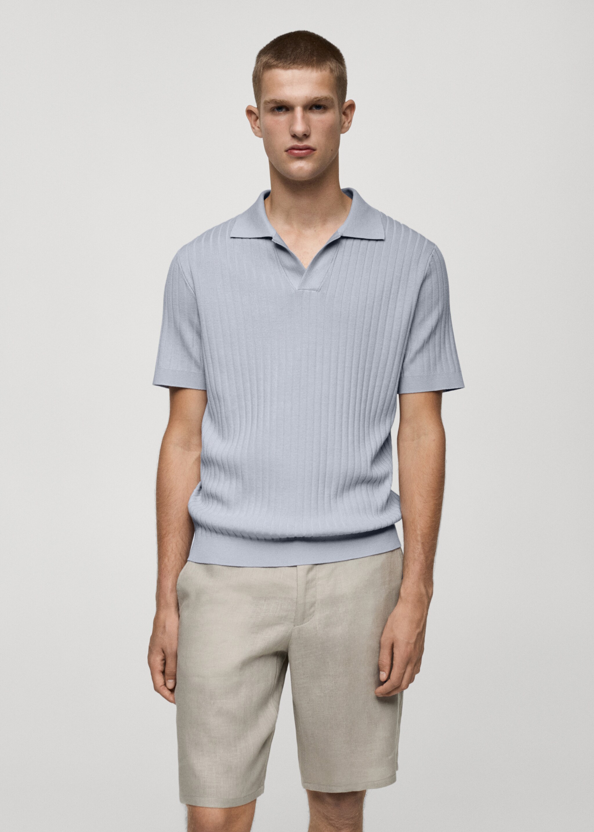 Fine rib-knit polo shirt - Medium plane, Sky Blue. Ref: 77077696-00.