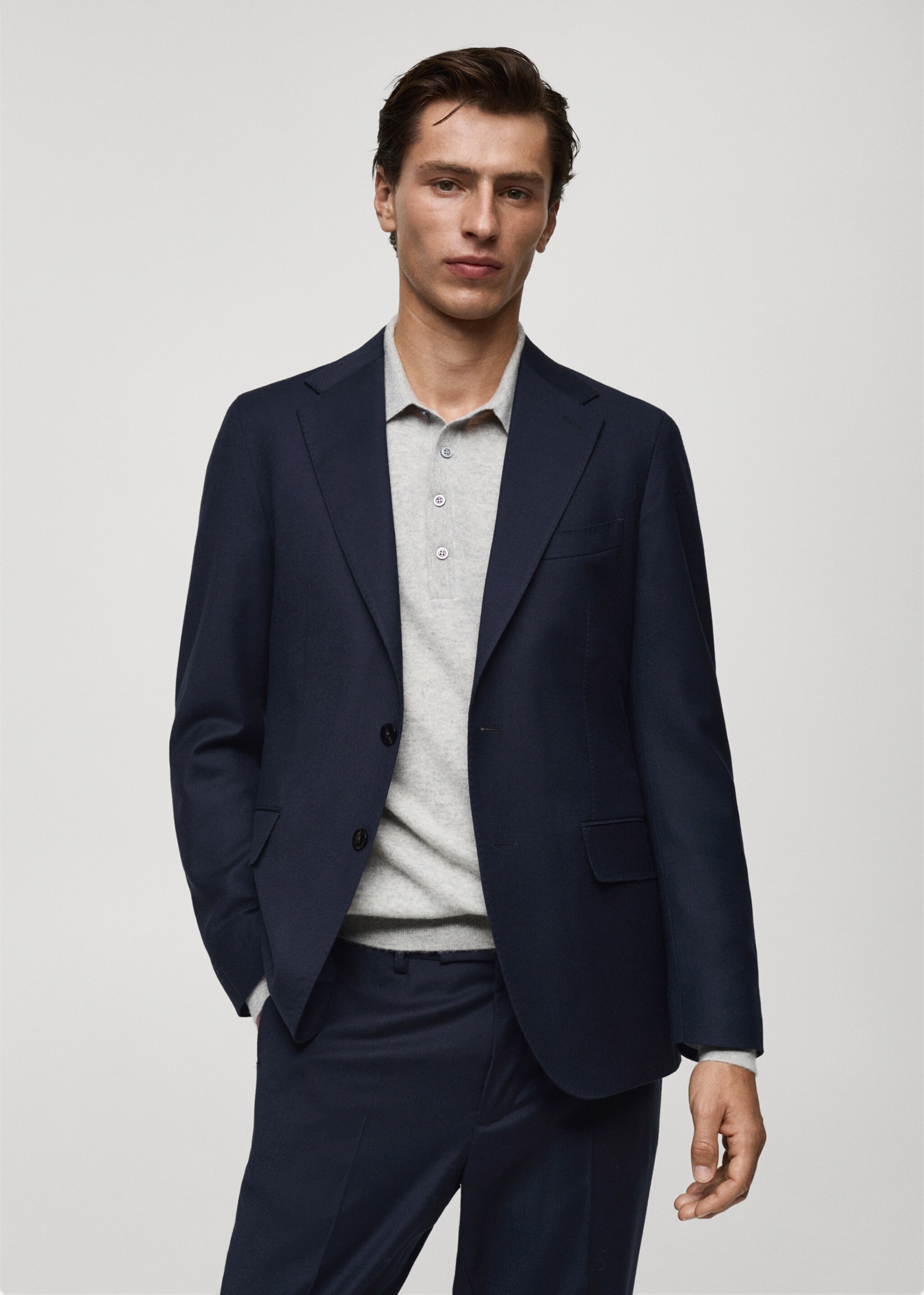 Italian 100% virgin wool flannel suit jacket - Medium plane, Dark Navy. Ref: 77077916-00.