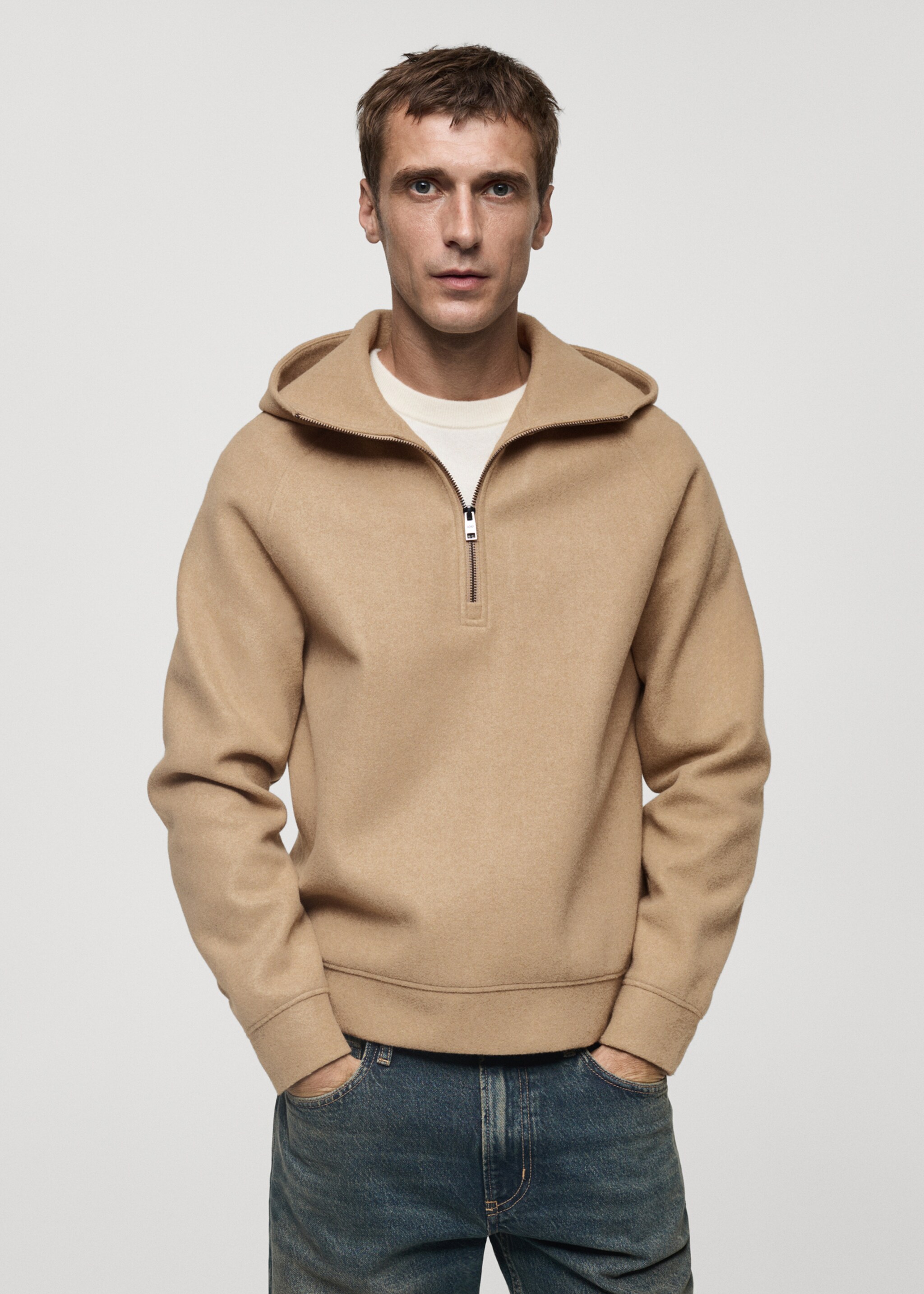 Hooded flannel sweatshirt - Medium plane, Beige. Ref: 77077920-00.
