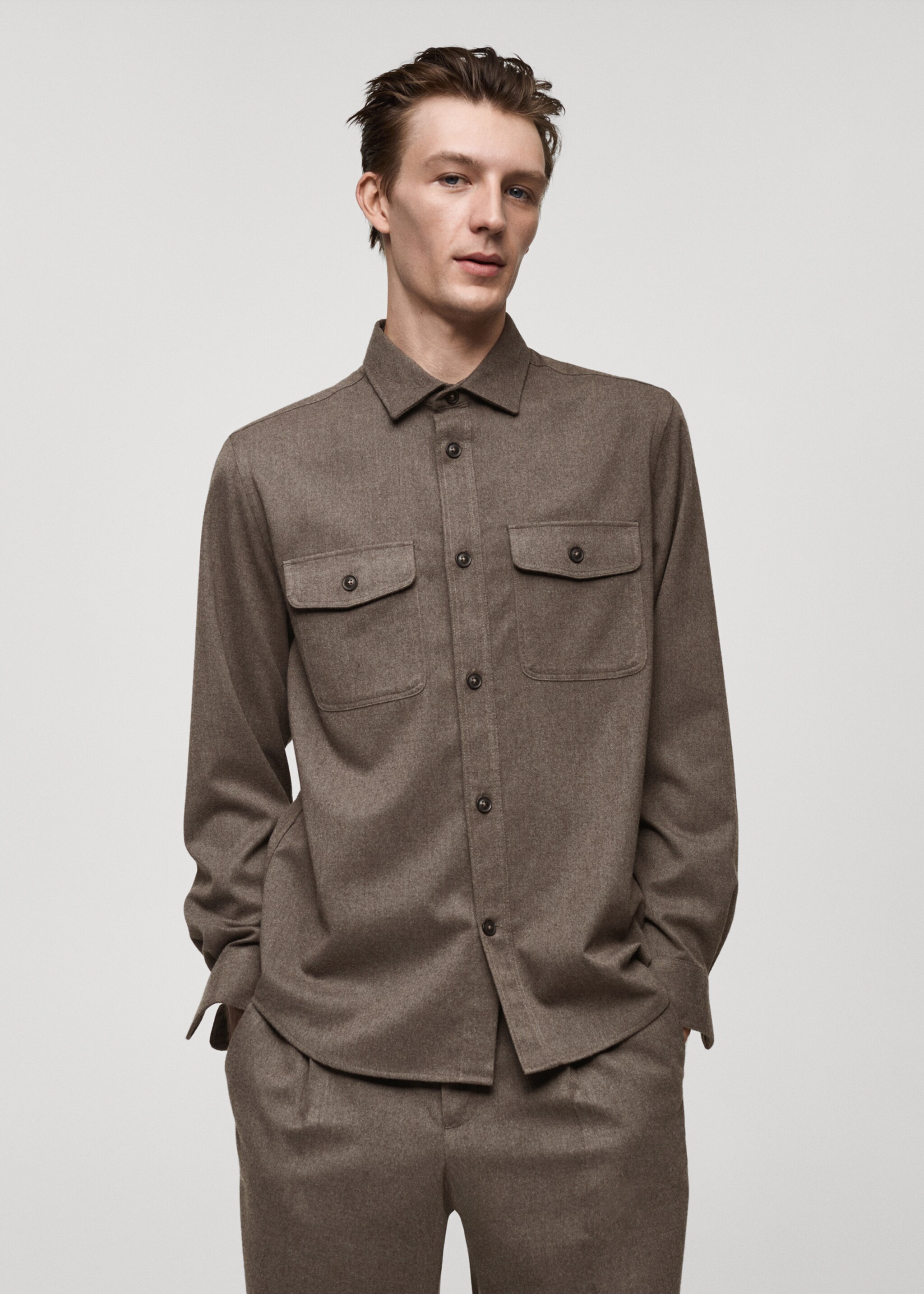 Regular-fit flannel overshirt with pockets - Medium plane, Mink Grey. Ref: 77077922-00.