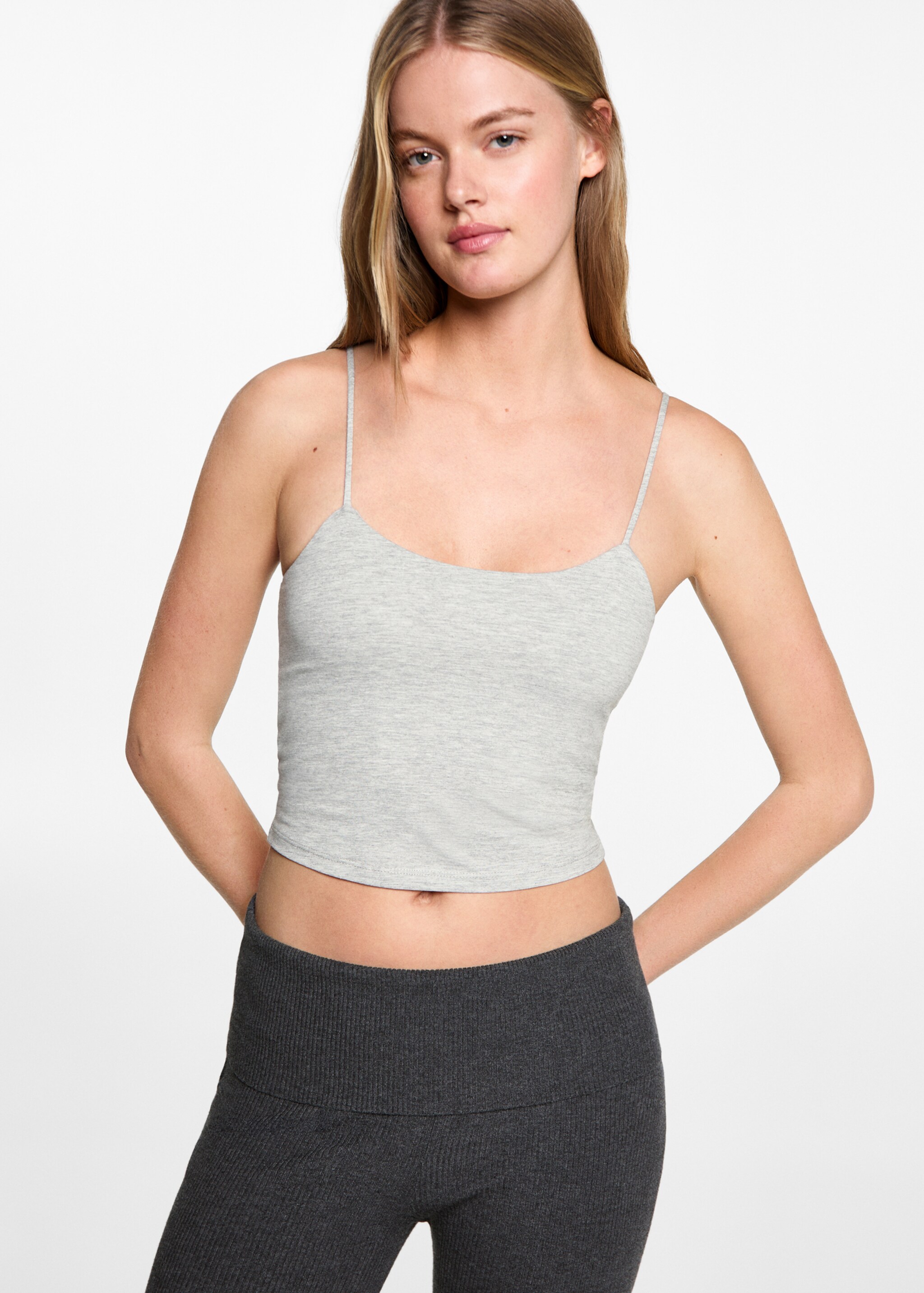 Sportig crop top - Bild av mittparti, Medium Heather grå. Ref: 77078271-00.