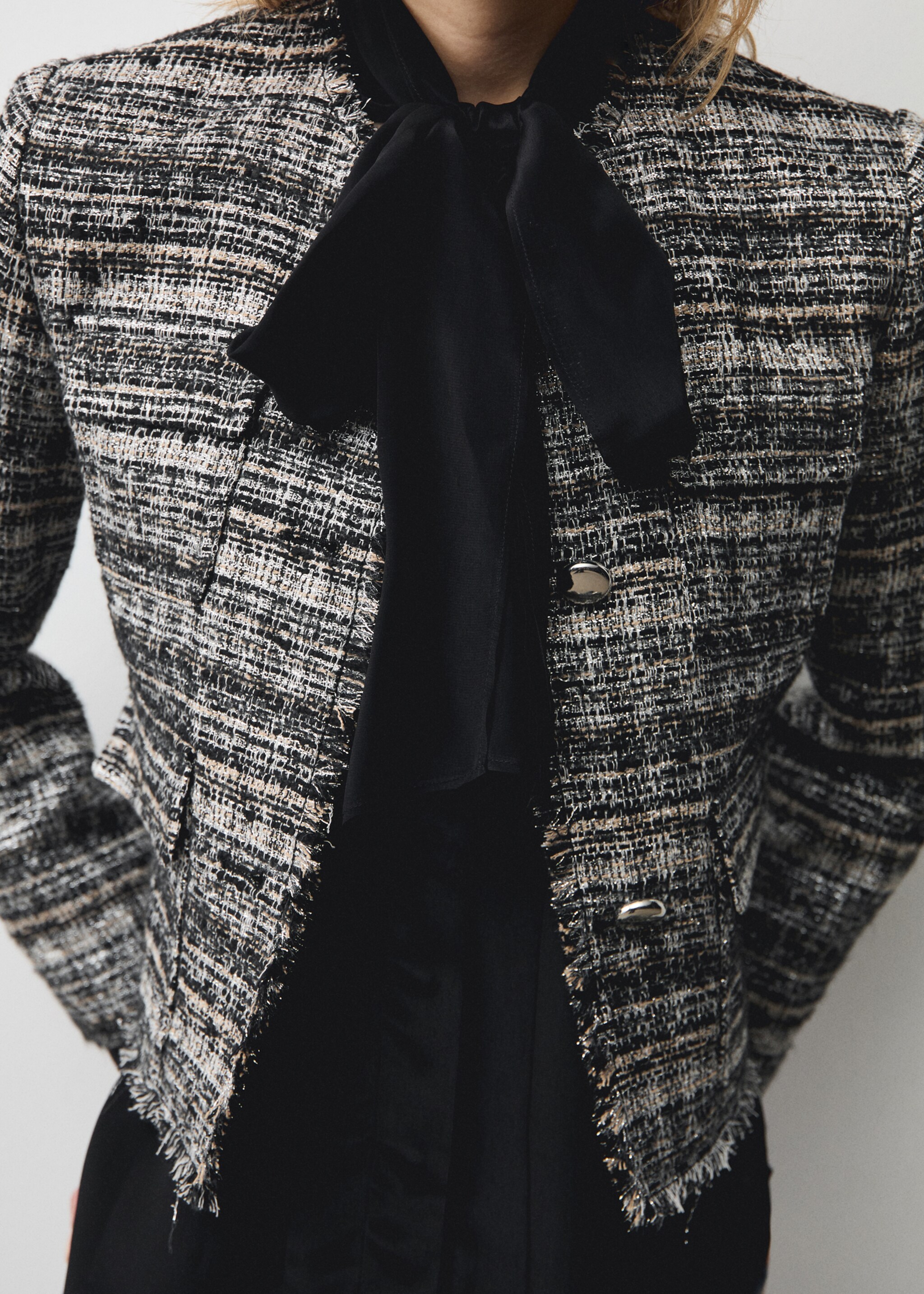 Satin shirt with bow - Details of the article 6, Black. Ref: 77079055-00.