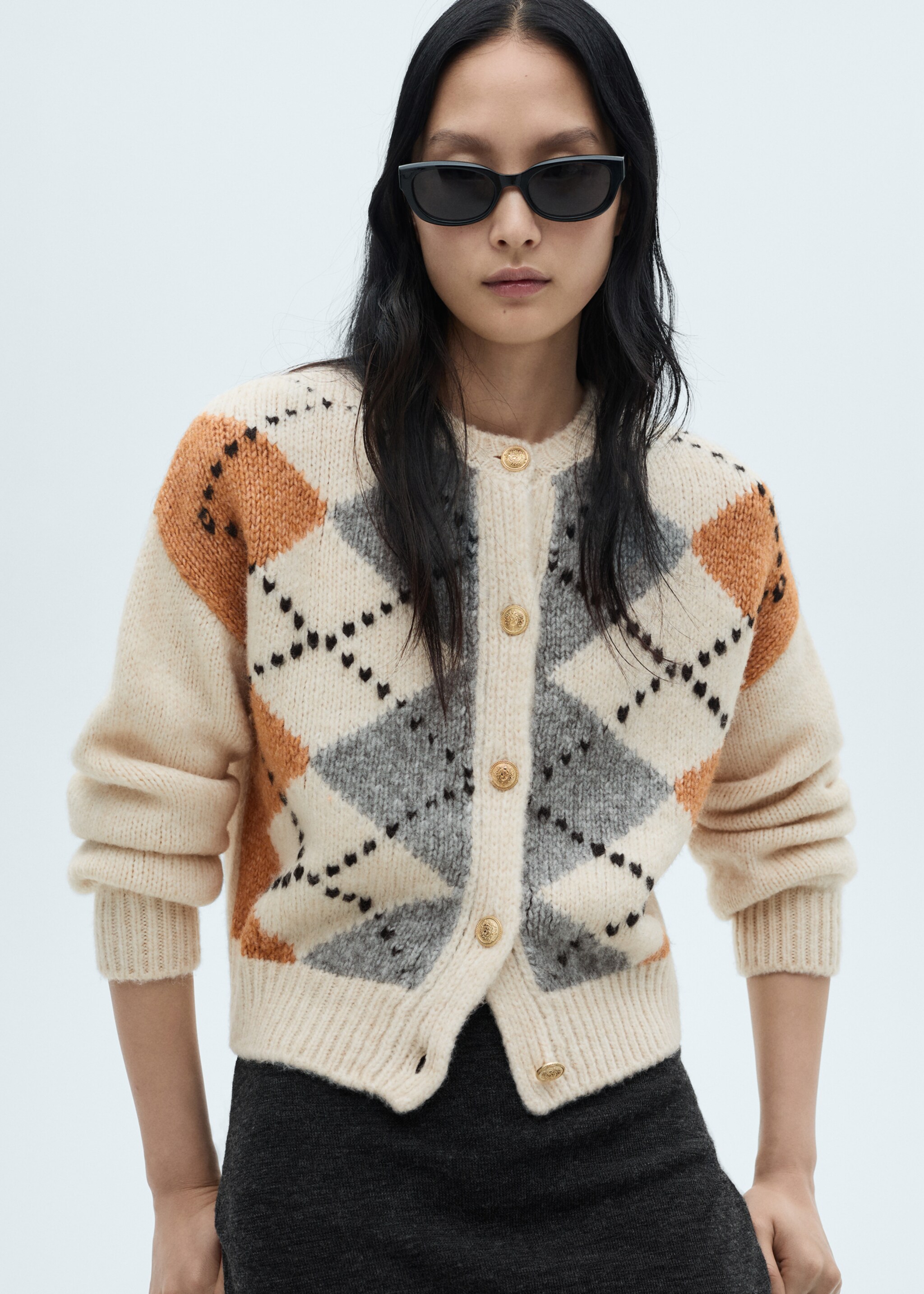 Rhombus cardigan with buttons - Medium plane, Ecru. Ref: 77079057-00.