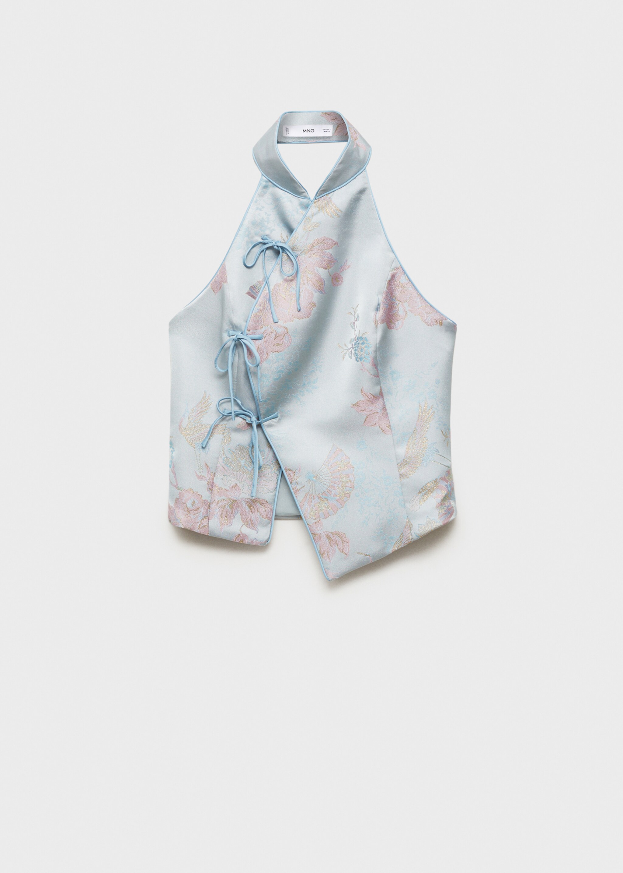 Satin top with bows - Article without model, Sky Blue. Ref: 77079407-00.