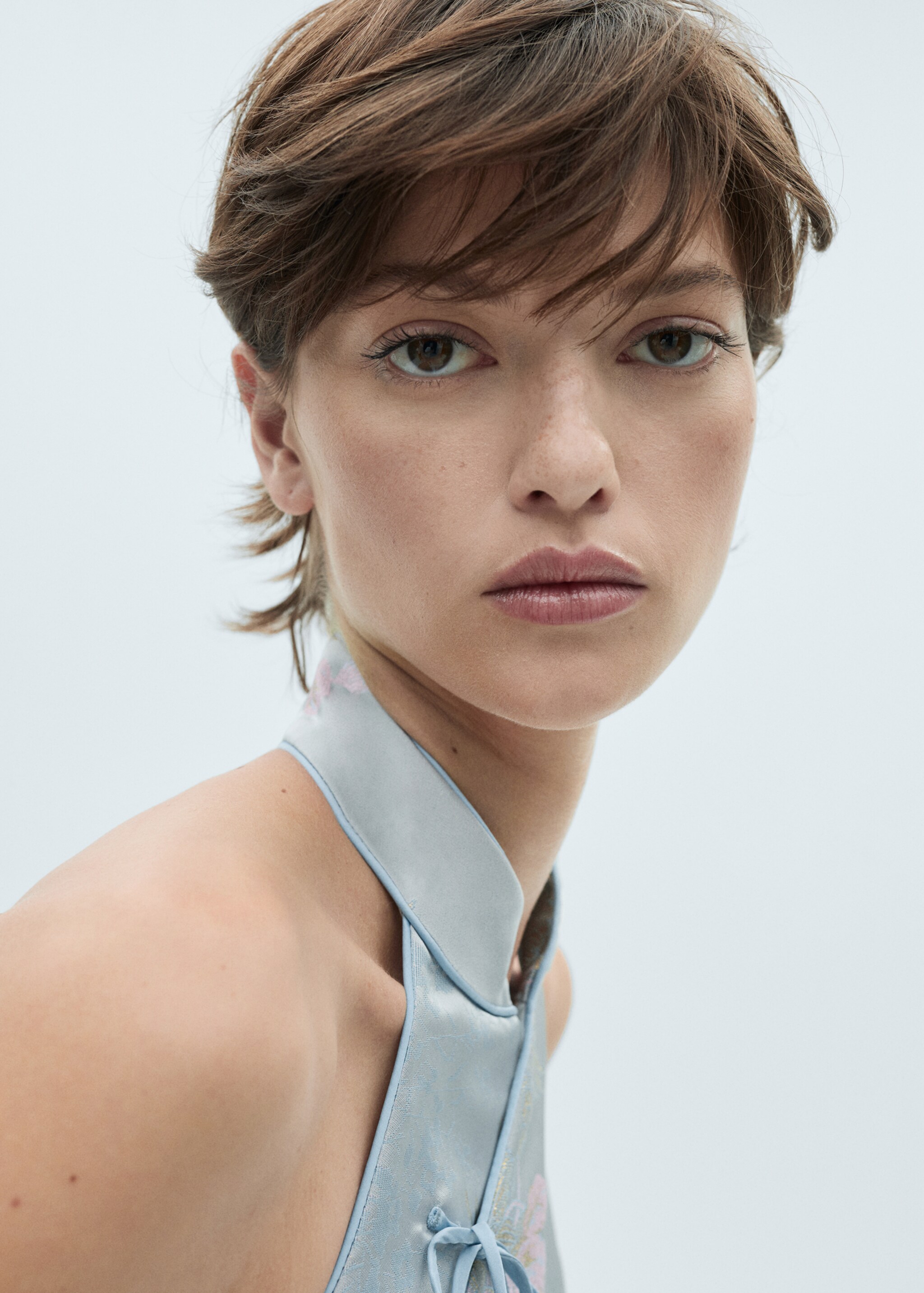 Satin top with bows - Details of the article 1, Sky Blue. Ref: 77079407-00.