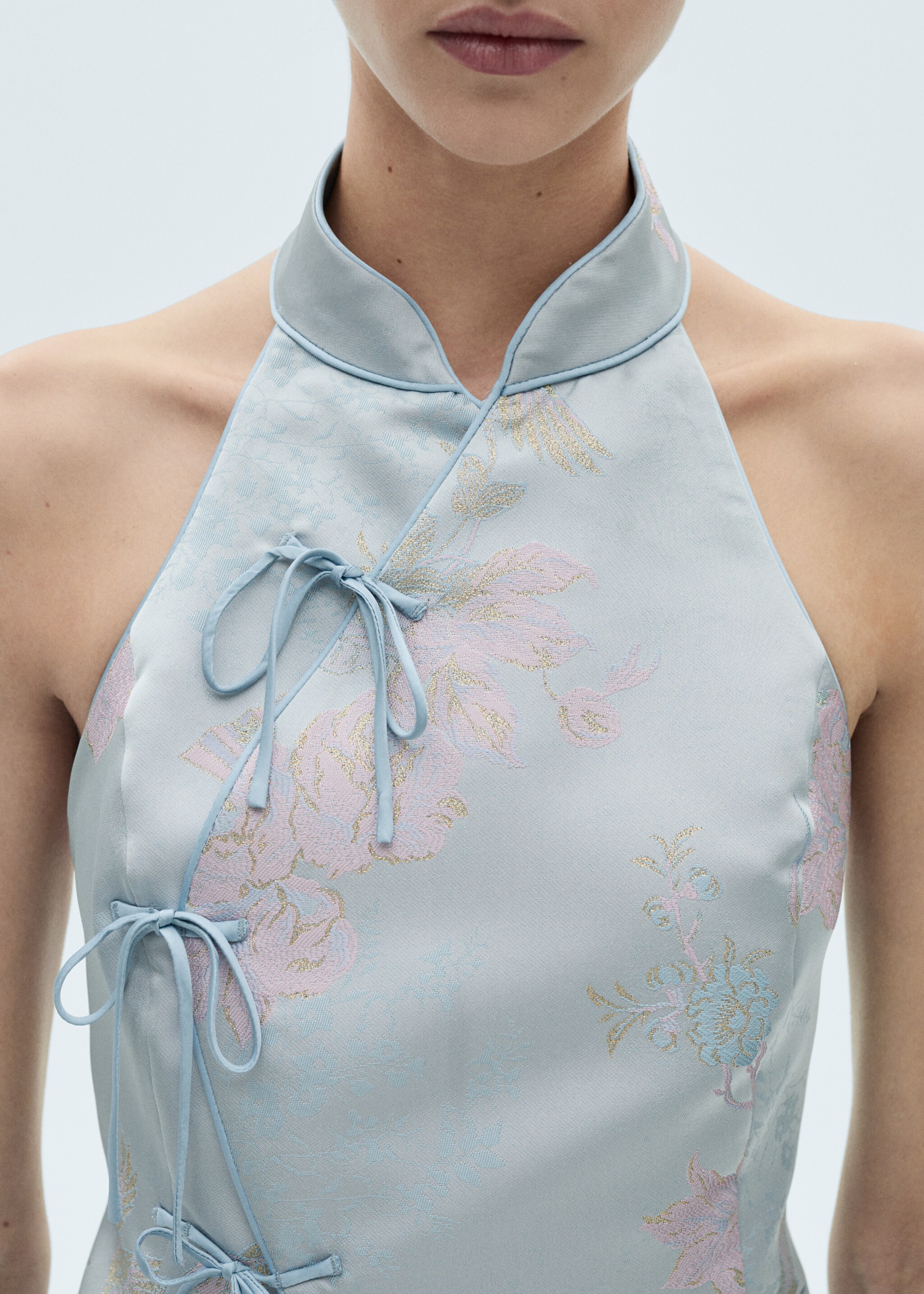 Satin top with bows - Details of the article 6, Sky Blue. Ref: 77079407-00.