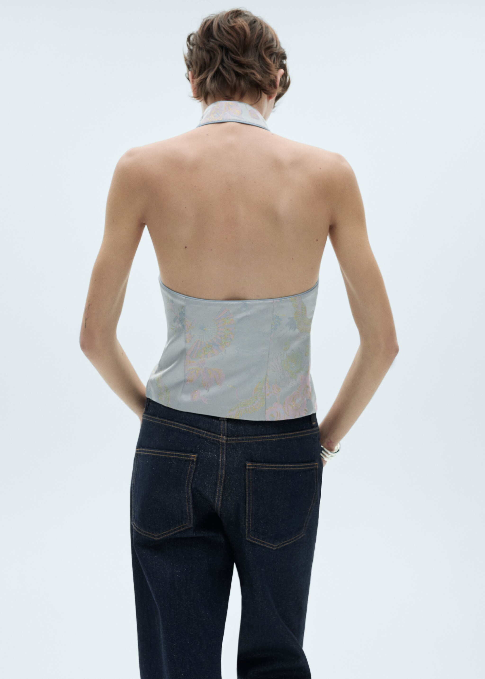 Satin top with bows - Reverse of the article, Sky Blue. Ref: 77079407-00.